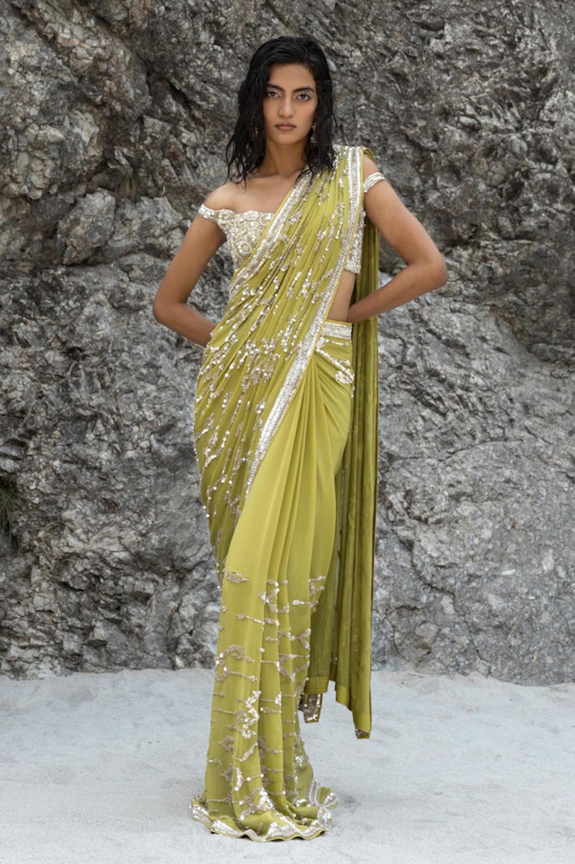 VARUN NIDHIKA Stripe Ikkat Embroidered Saree With Blouse