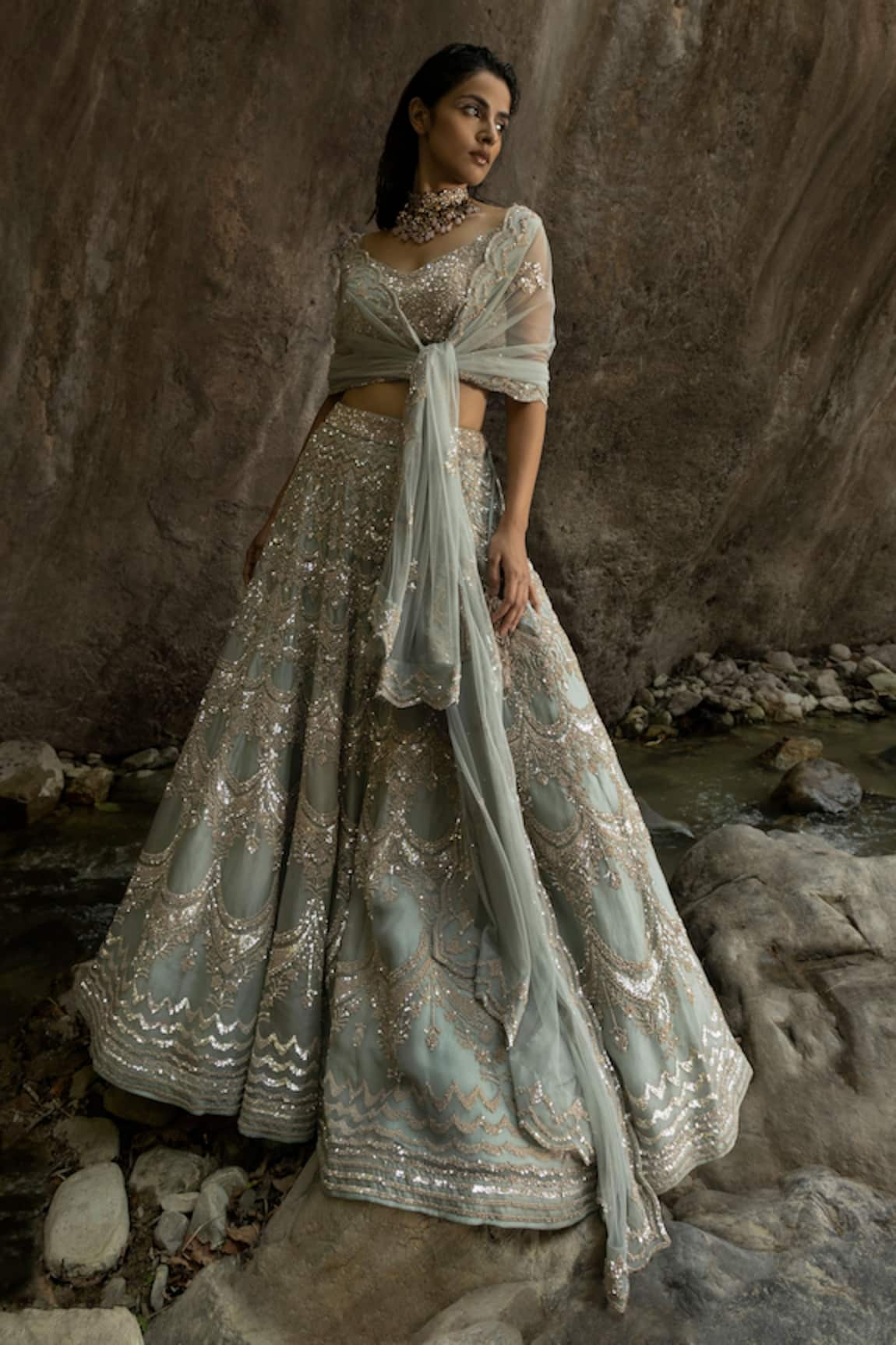 VARUN NIDHIKA Silk Organza Embroidered Bridal Lehenga Set