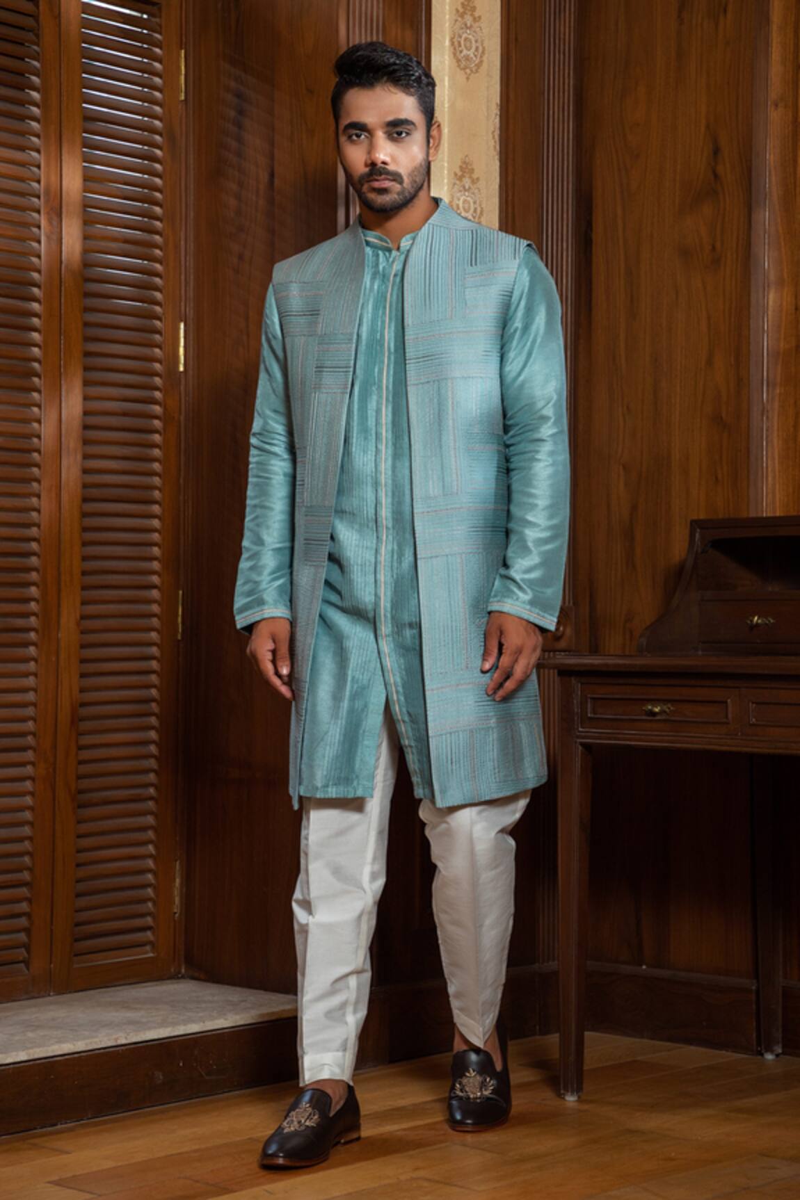 Darshika Menswear Silk Embroidered Bundi Kurta Set