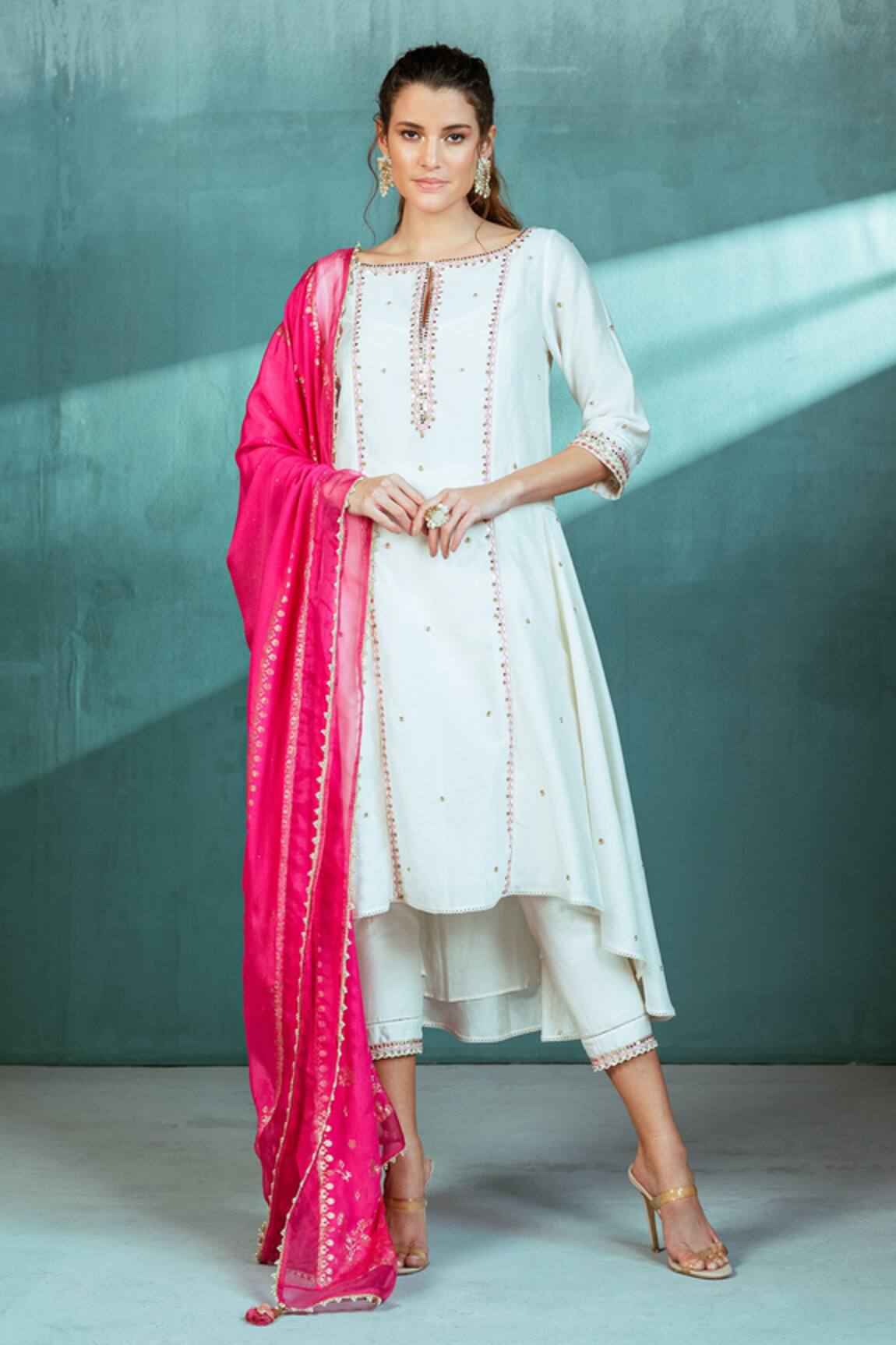 Mandira Wirk - Indian Chanderi Asymmetric Kurta & Pant Set