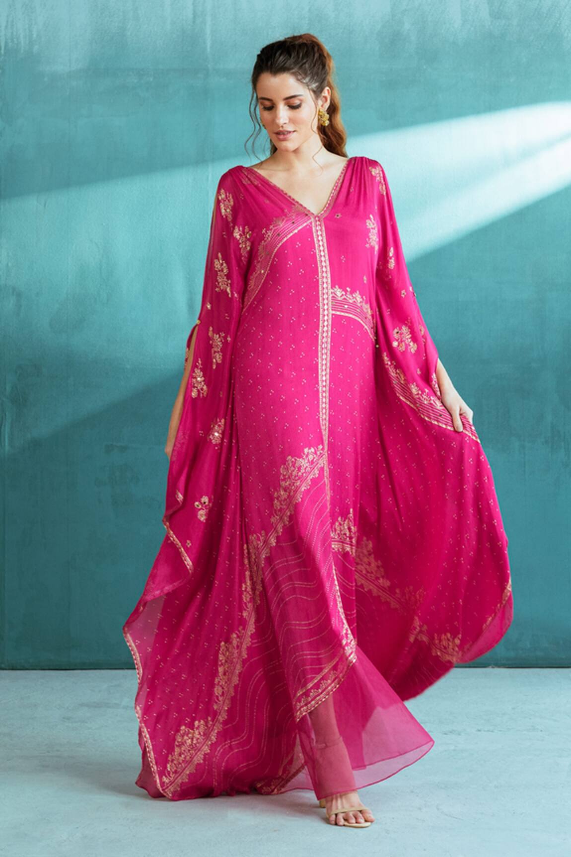 Mandira Wirk - Indian Foil Print Organza Kaftan 
