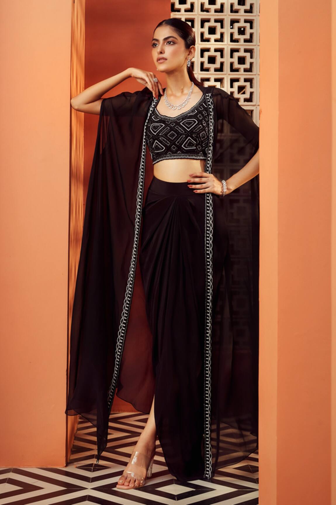Niamh By Kriti Embroidered Cape & Draped Skirt Set 