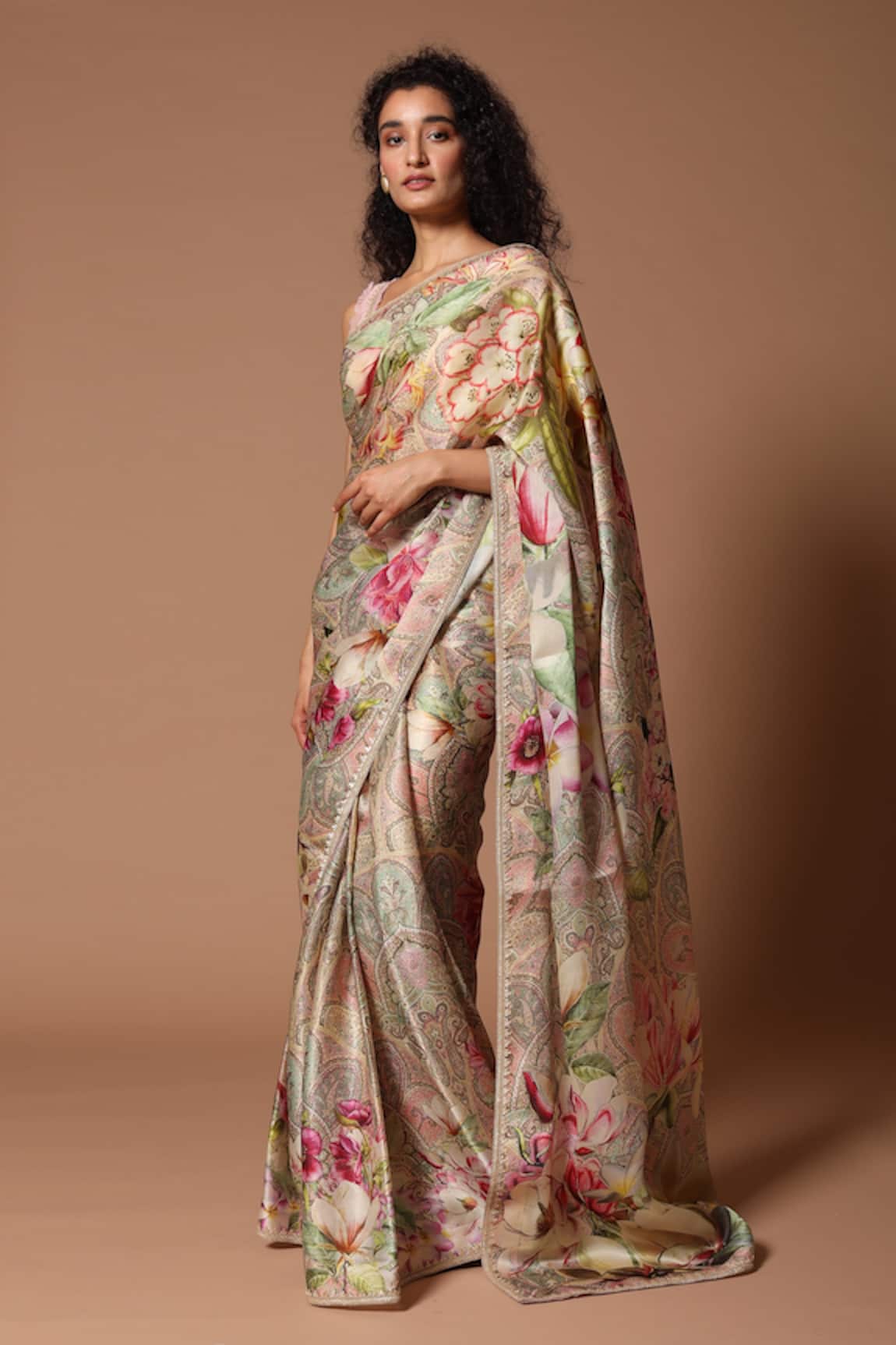Rohit Bal Floral Print Saree With Ruched Blouse
