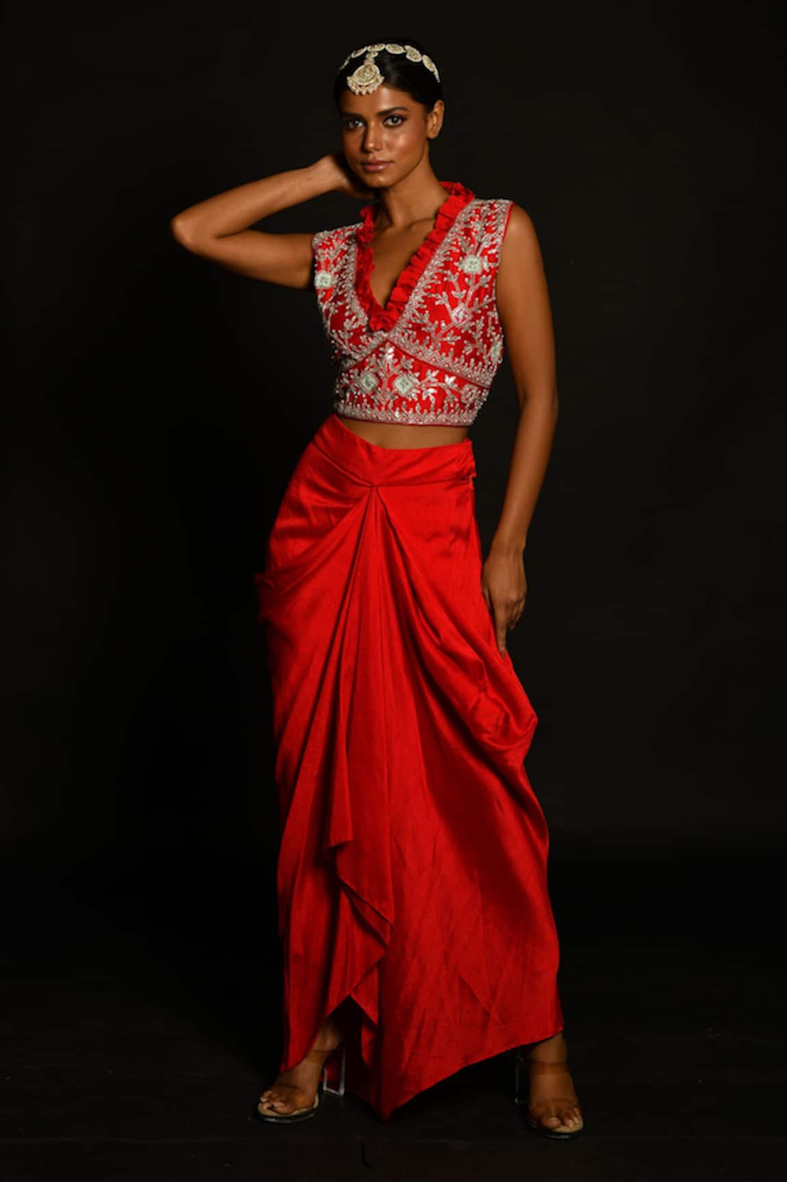 Aksh Embroidered Crop Top & Draped Skirt Set