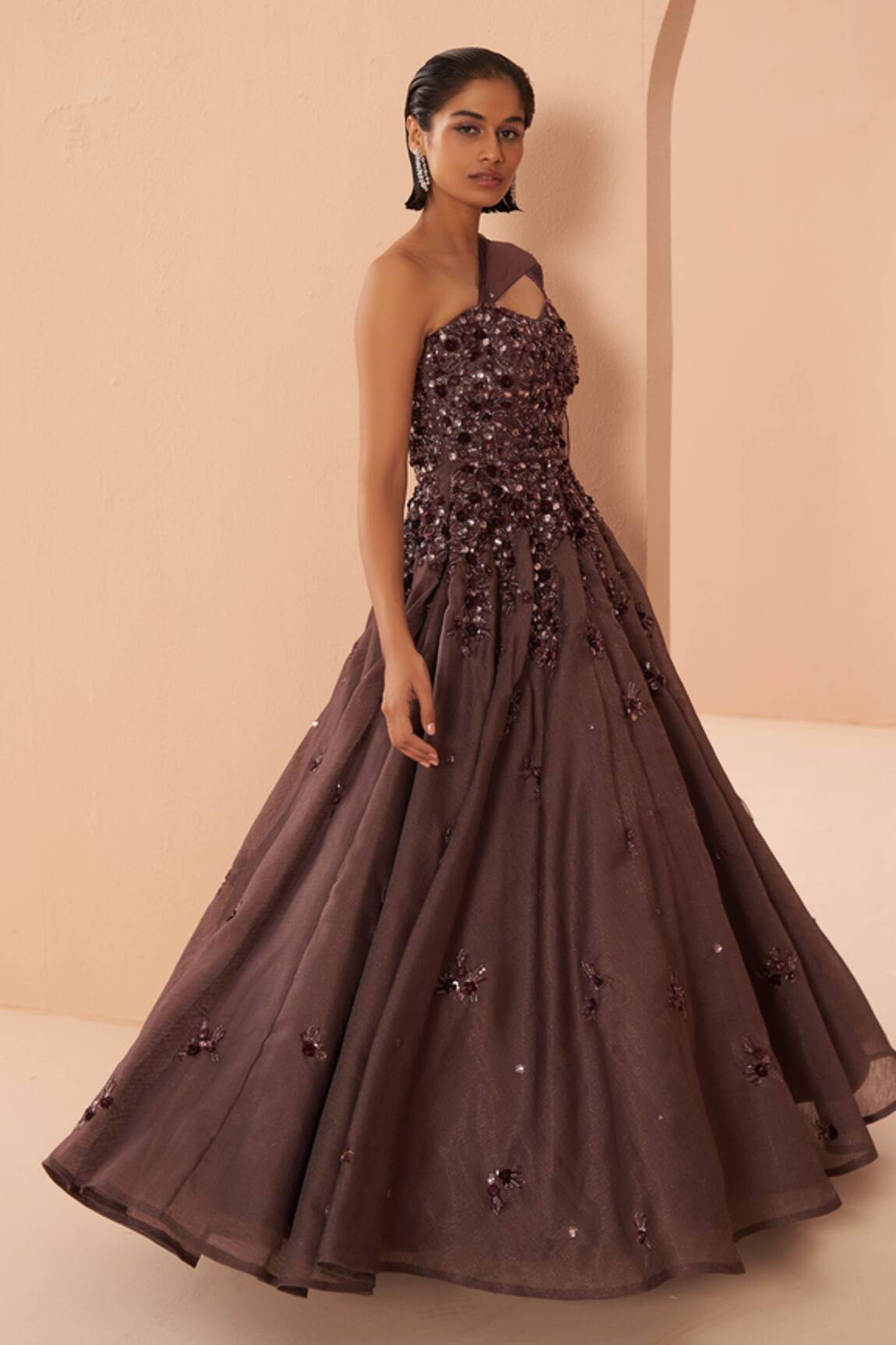 Full Sleeves Velvet Fish Cut Embellished Gown Burgundy  Titrit store