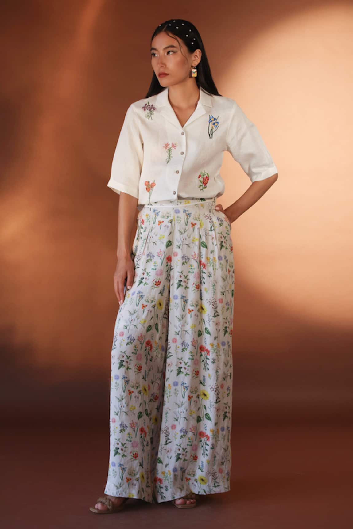 Buy Ecru Floral Printed Parallel Pants With Lace Online  W for Woman