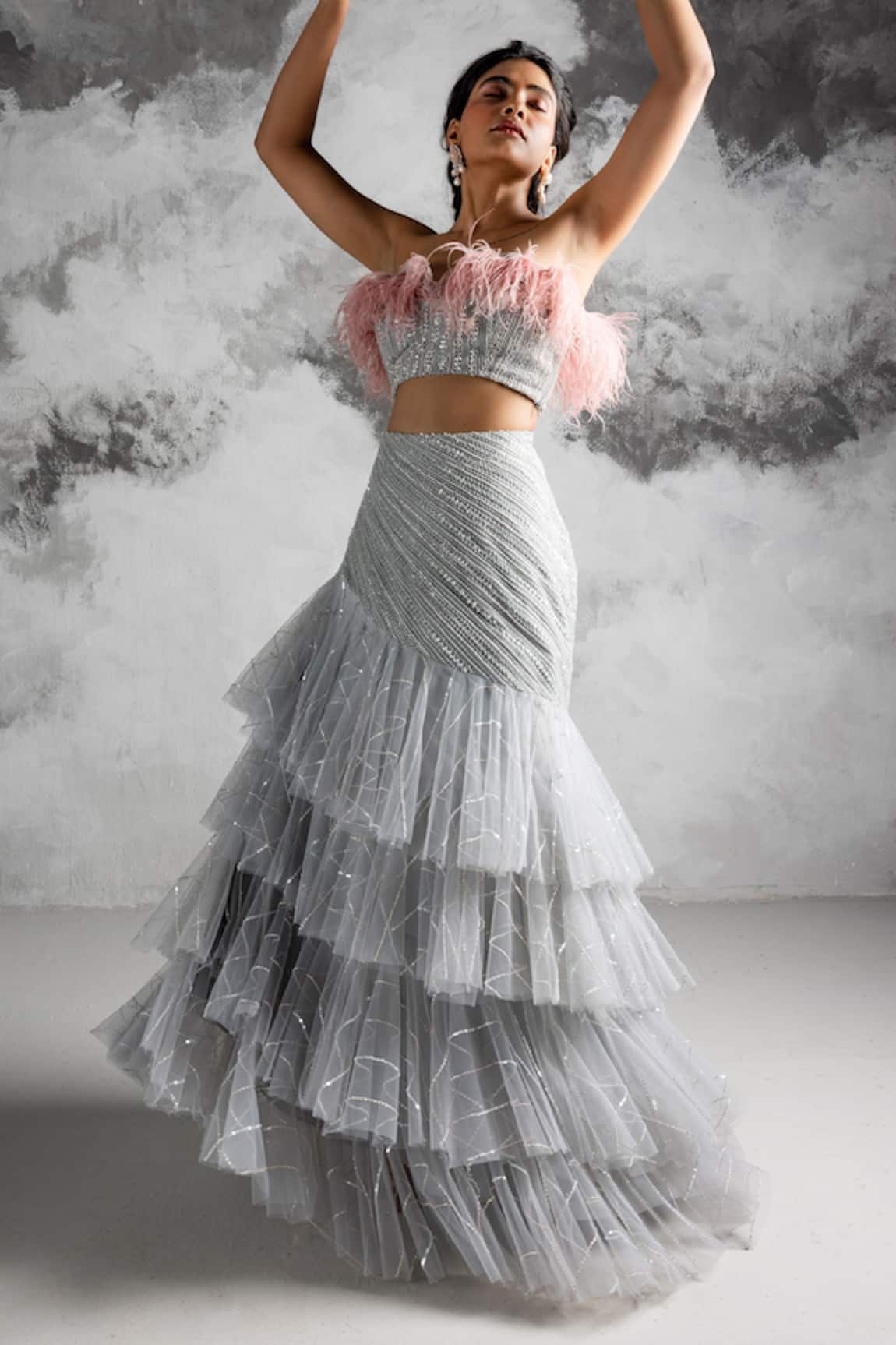 COUTURE BY NIHARIKA Feather Embellished Blouse & Frill Skirt Set 