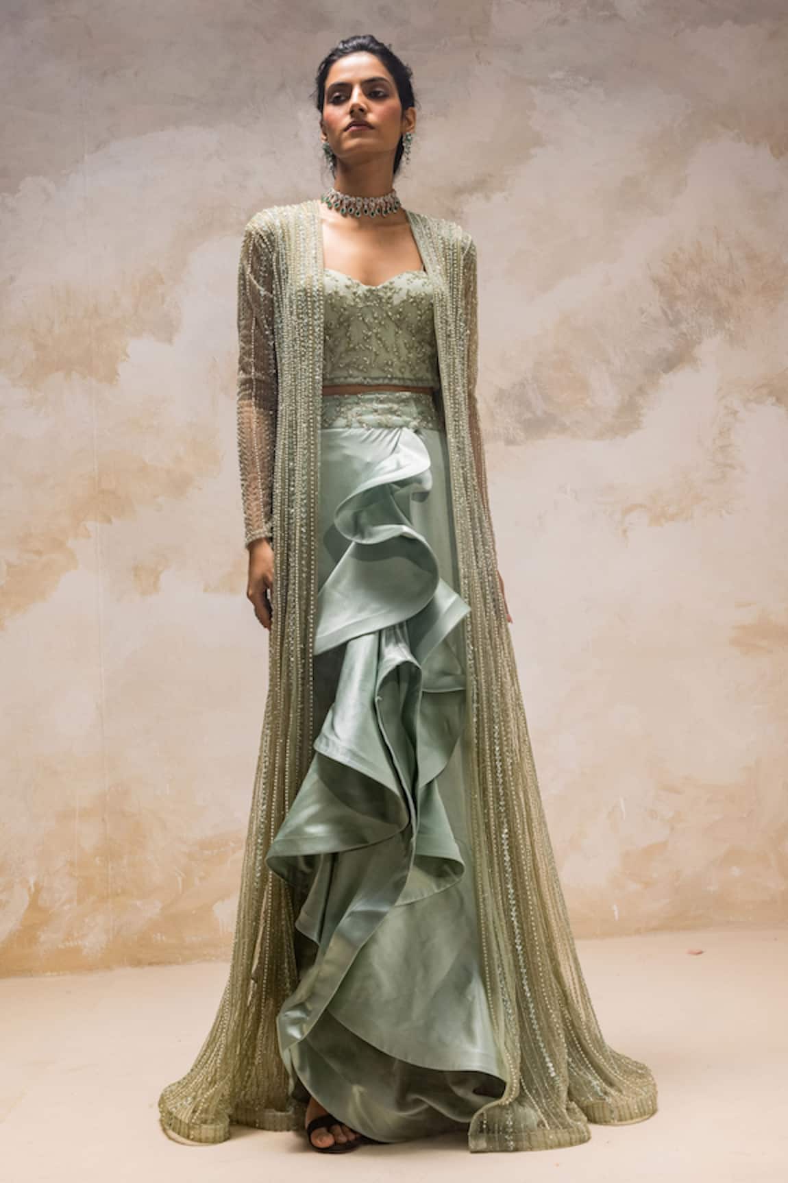 COUTURE BY NIHARIKA Embroidered Jacket & Ruffle Skirt Set