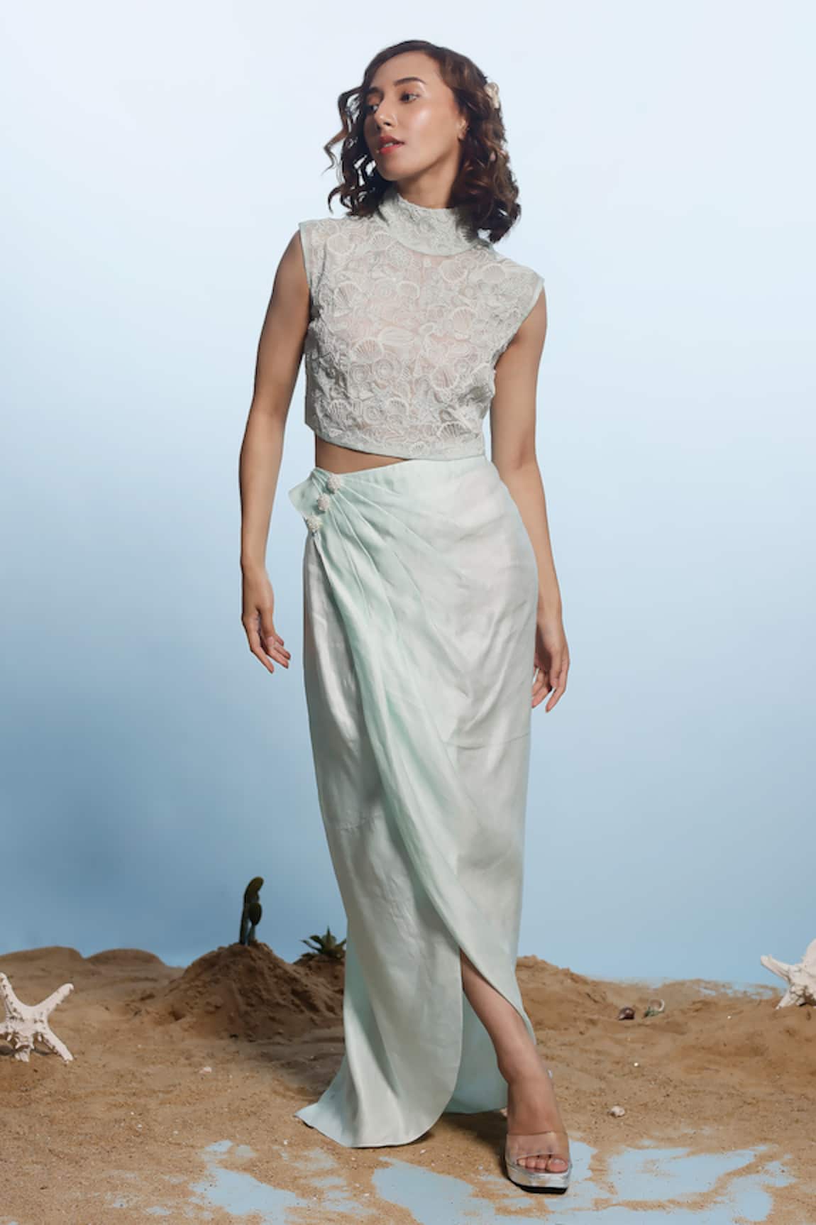 Eclat by Prerika Jalan Pearl Embellished Marine Pattern Top With Skirt