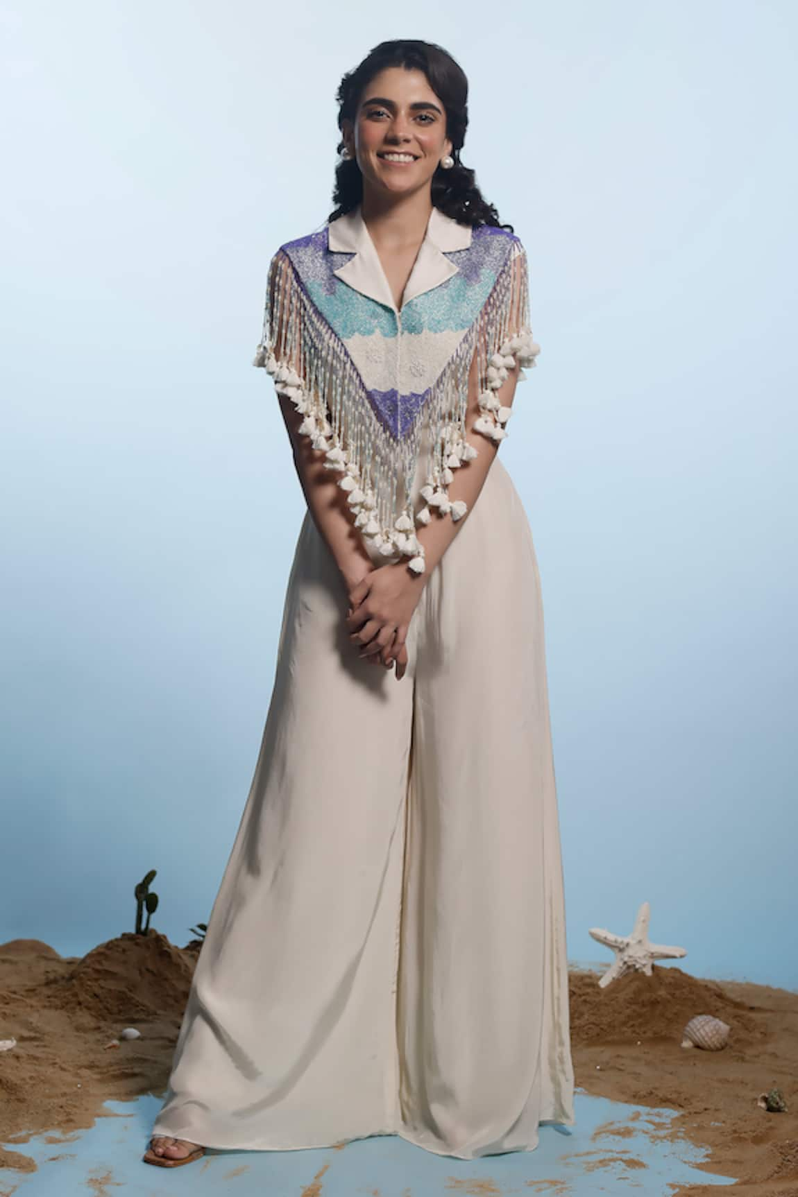 Eclat by Prerika Jalan Cutdana Embellished Tasselled Cape With Jumpsuit