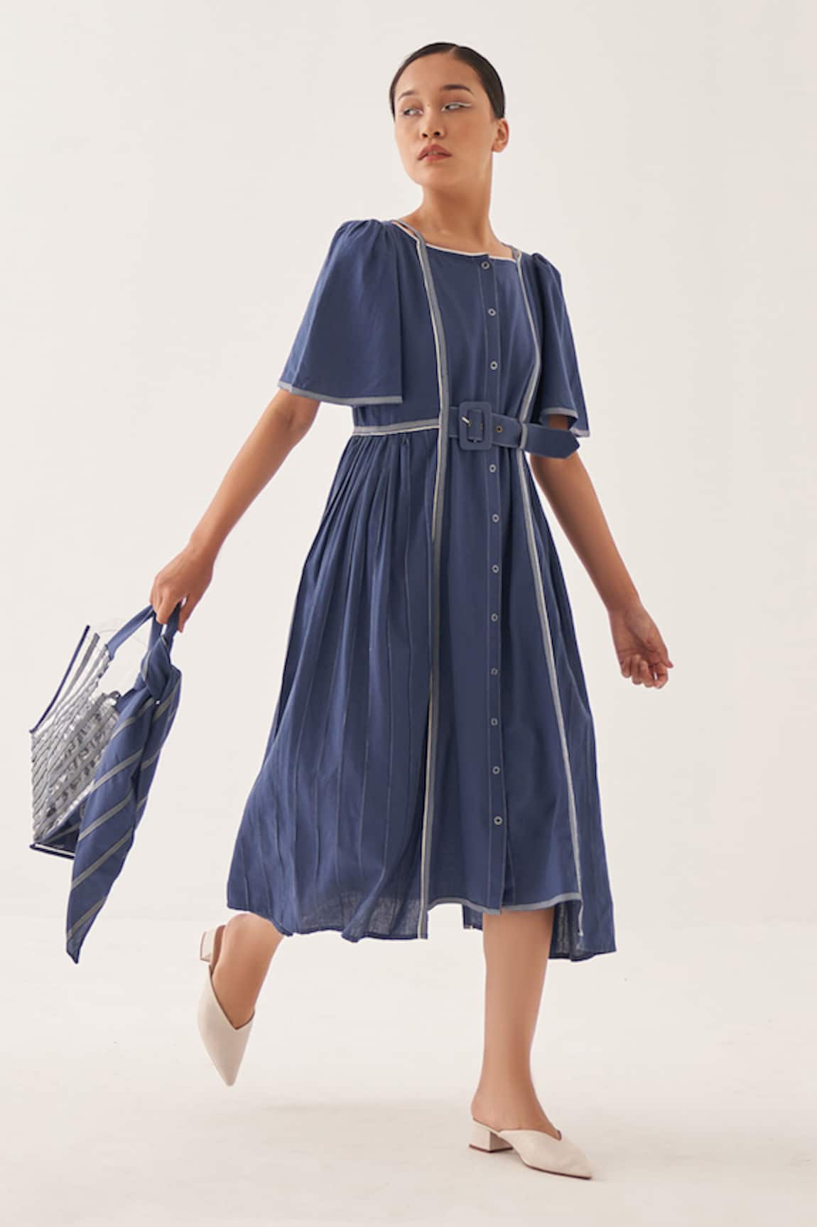 Cross A Line Azure Cotton Linen Gathered Dress