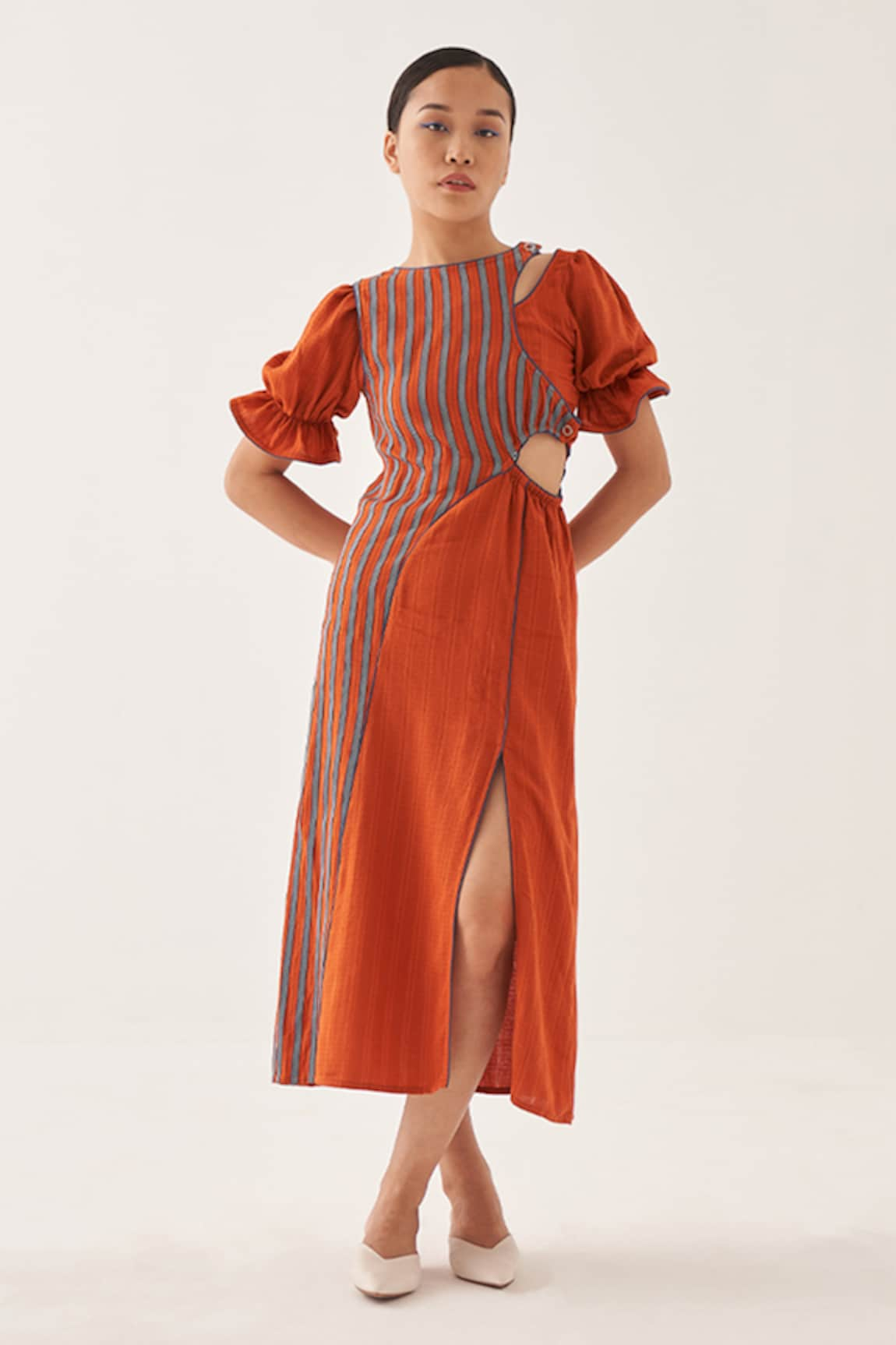 CROSS A LINE Burnished Striped Midi Dress