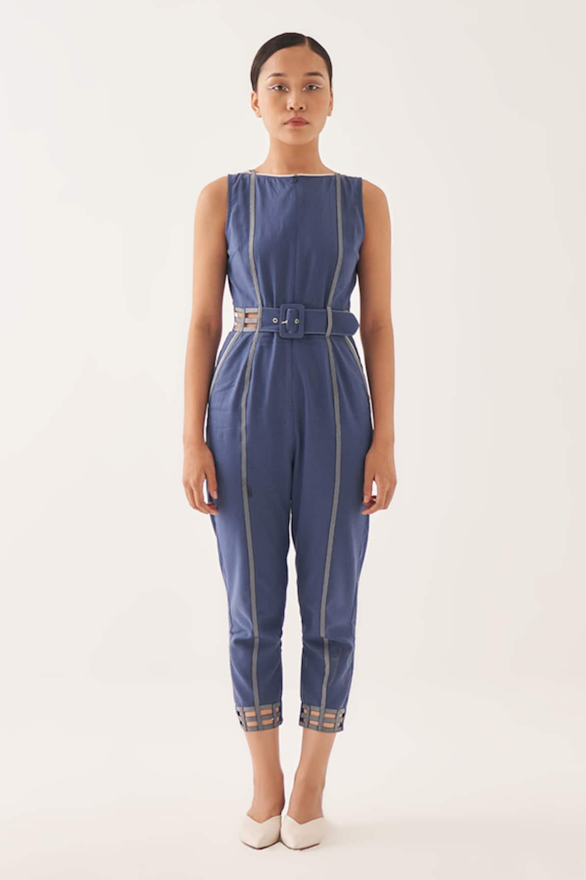 CROSS A LINE Cerulean Cotton Linen Jumpsuit