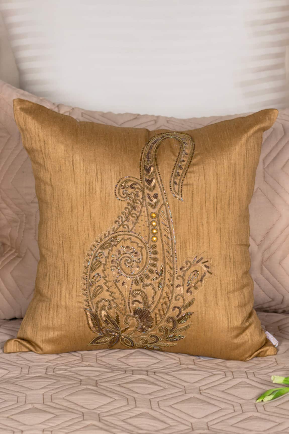 ALCOVE Floral Bead Embroidered Square Cushion Cover