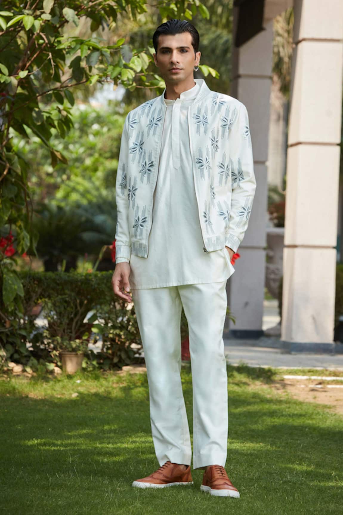 Bohame Zaire Abstract Floral Embroidered Bomber Jacket Kurta Set 