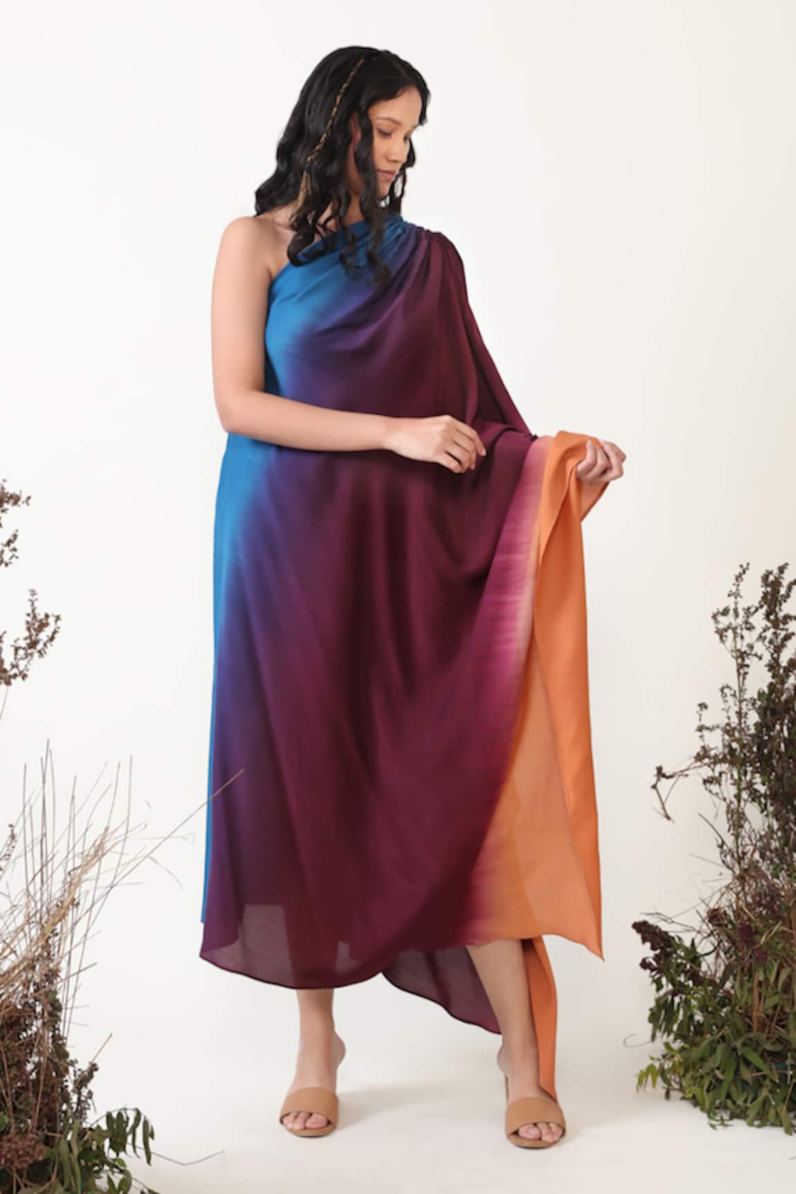 Chambray & Co. Ilana One Shoulder Ombre Kaftan Dress