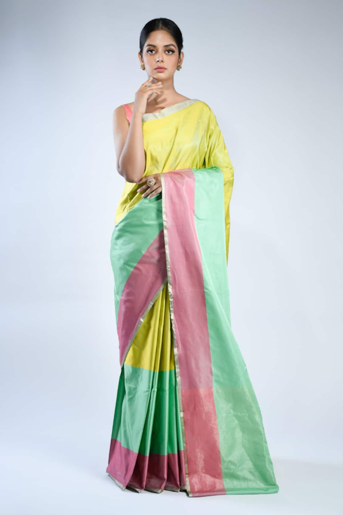 Sacred Weaves Striped Handloom Banarasi Handwoven Saree With Running Blouse