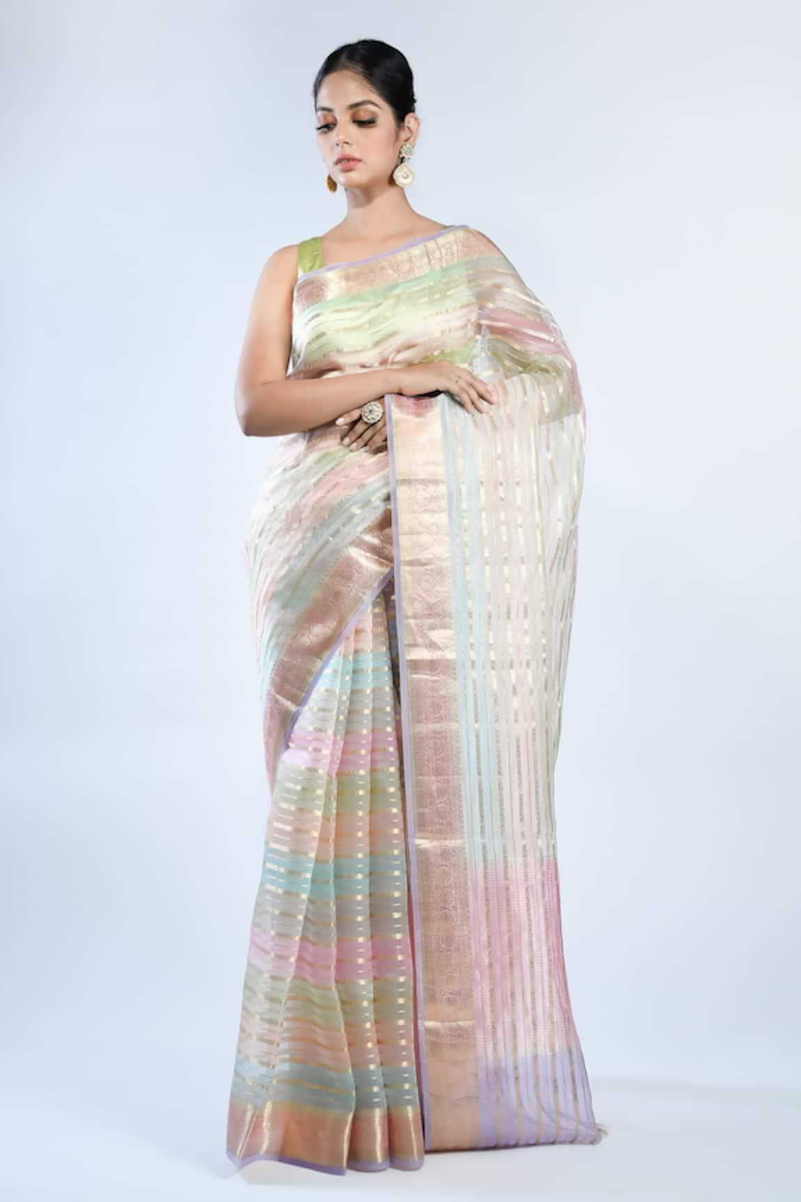 Sacred Weaves Striped Handloom Saree With Running Blouse