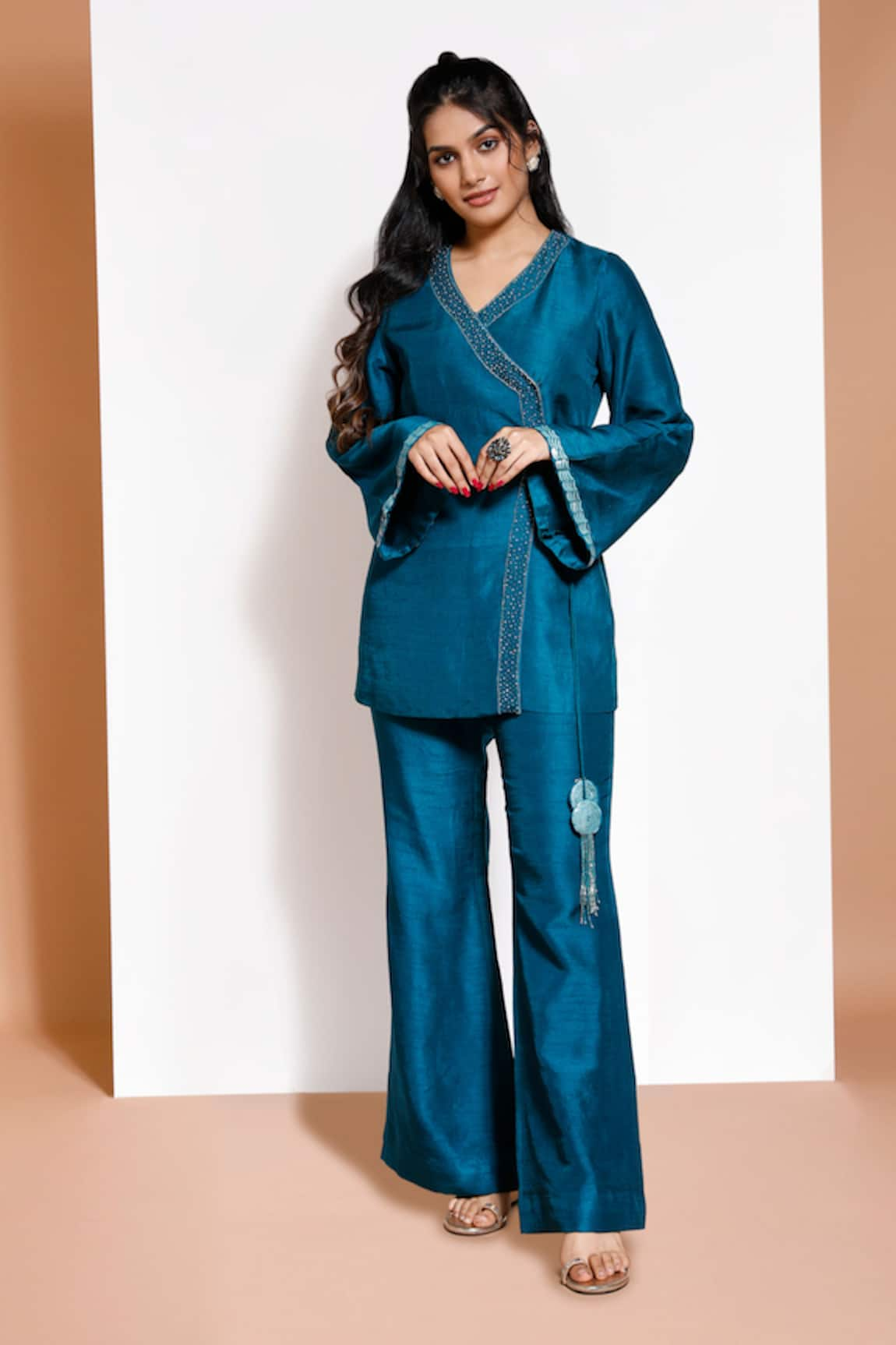 Kressa Embroidered Anghrakha Top & Bell Bottom Pant Set