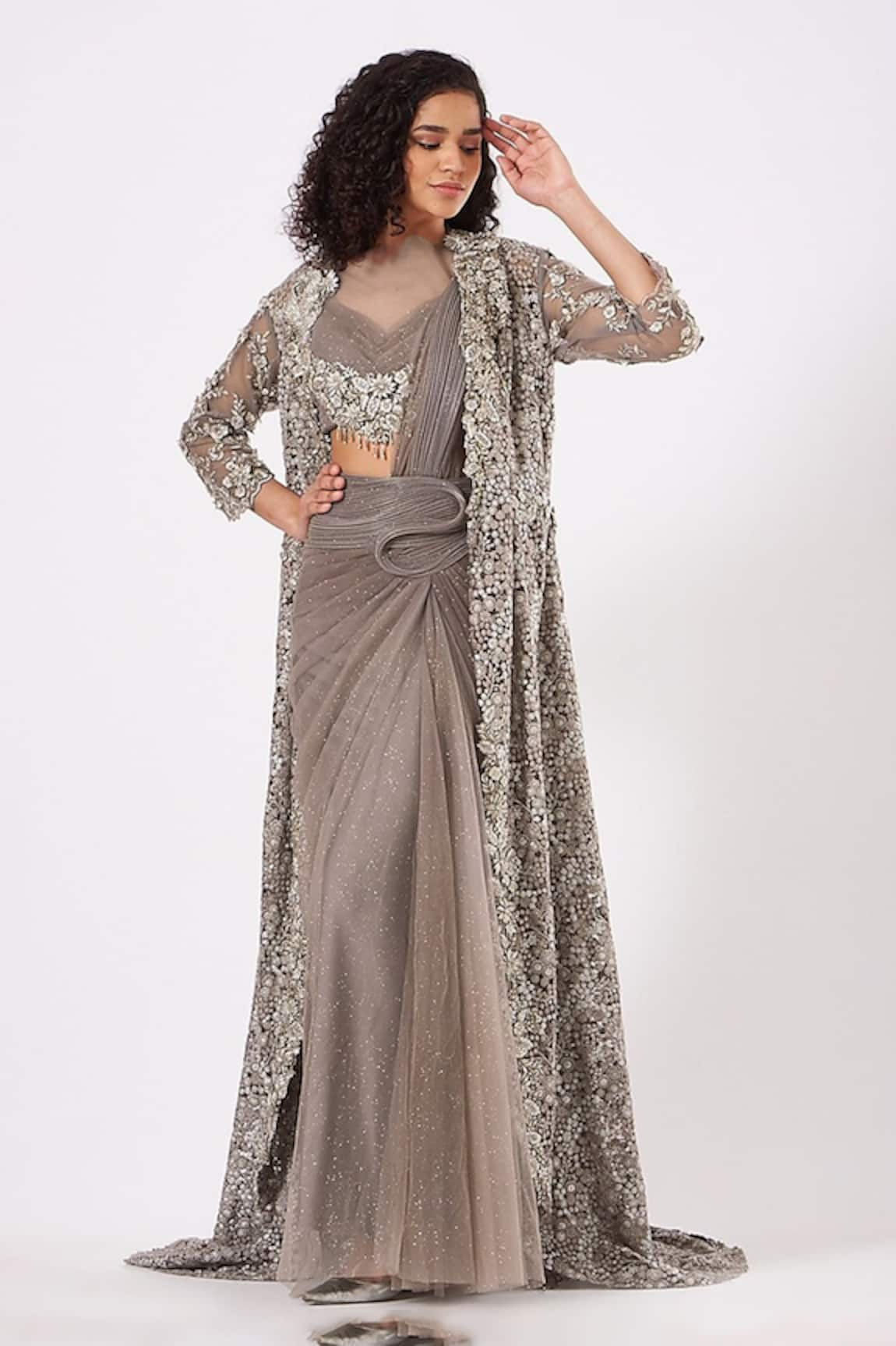 ANJALEE AND ARJUN KAPOOR Pre-Draped Saree & Floral Cluster Embroidered Cape Set