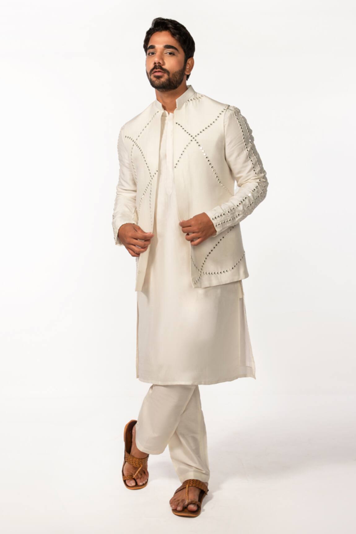 Kaka Calcutta Mirror Embroidered Bundi & Kurta Set