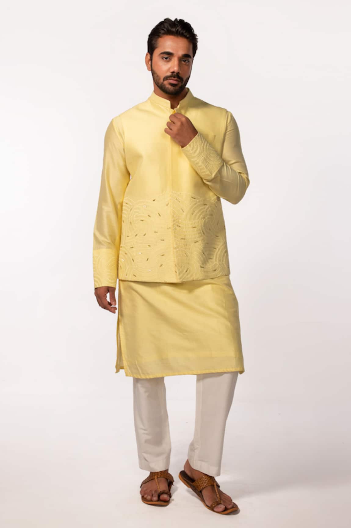 Kaka Calcutta Yellow Hand Embroidered Kurta Set With Bundi
