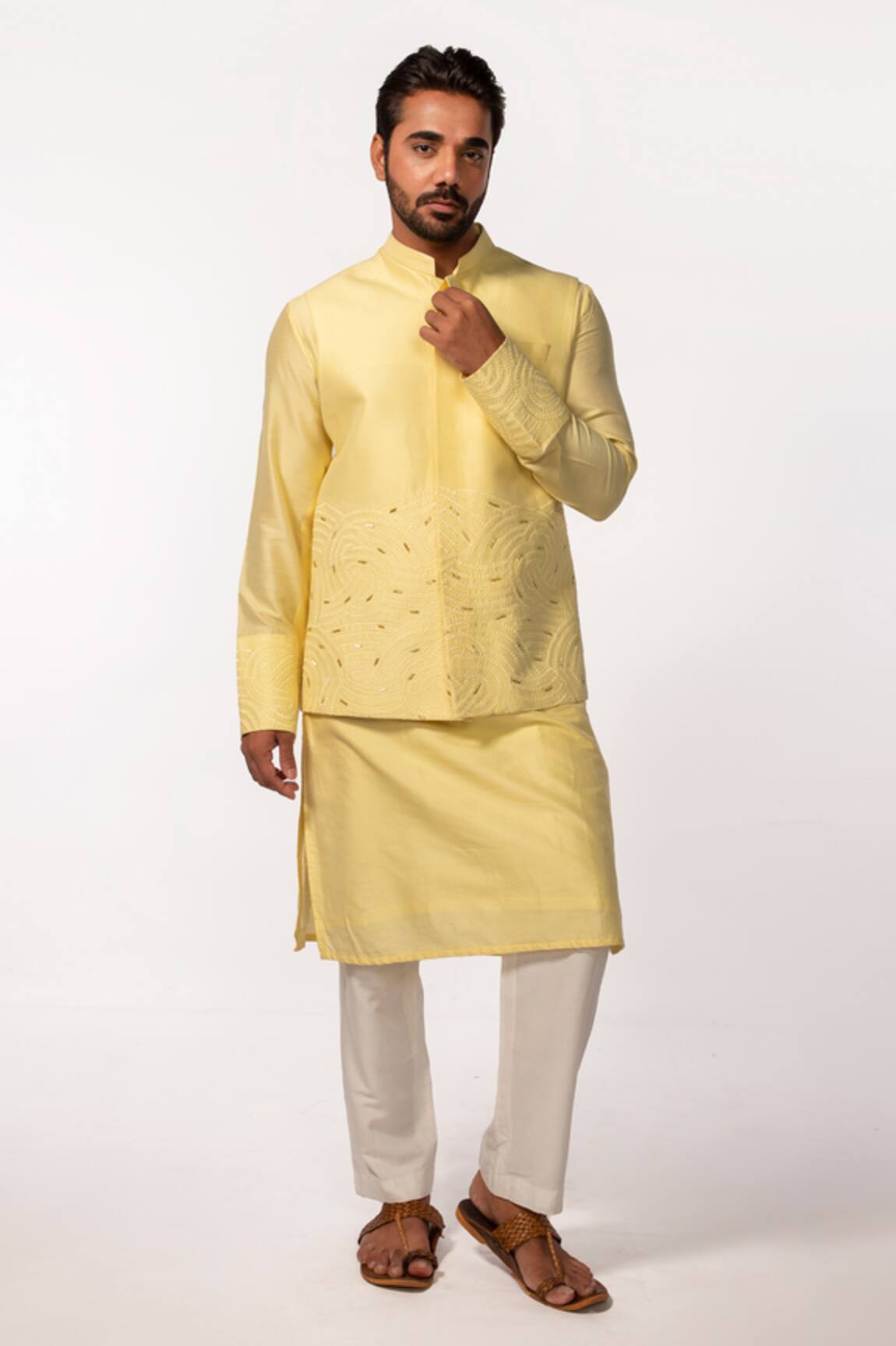 Kaka Calcutta Yellow Hand Embroidered Bundi