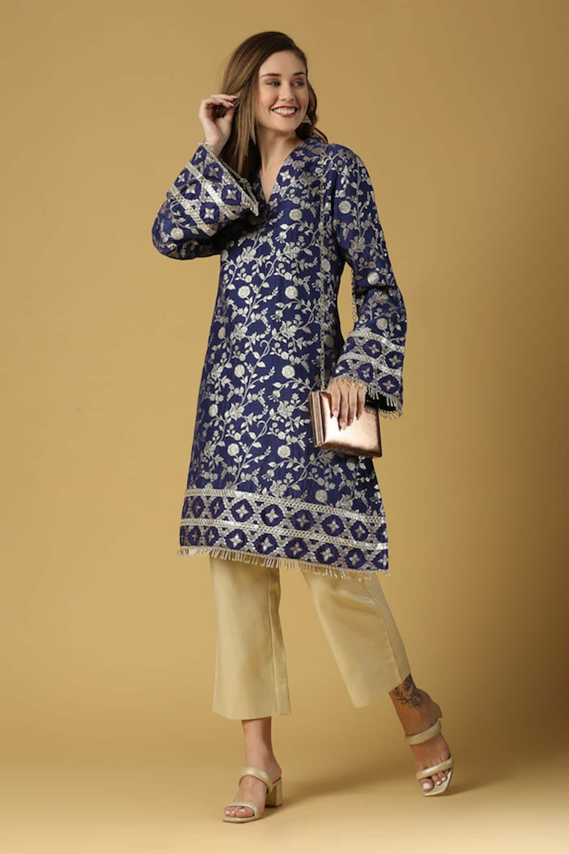 Monk & Mei By Sonia Anand Kavya Floral Woven Pakistani Kurta & Pant Set 