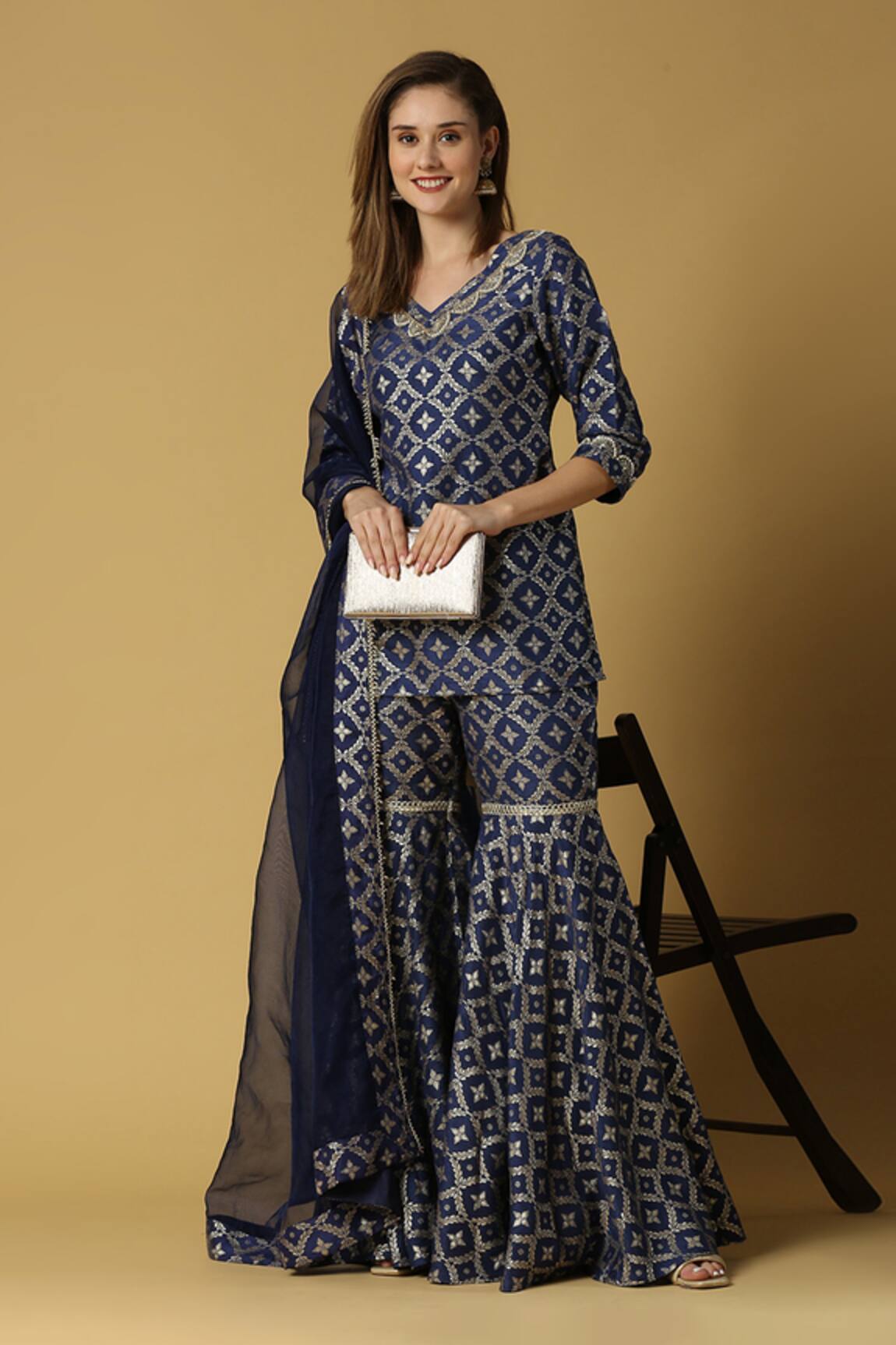 Monk & Mei By Sonia Anand Kaynat Floral Woven Kurta Sharara Set 