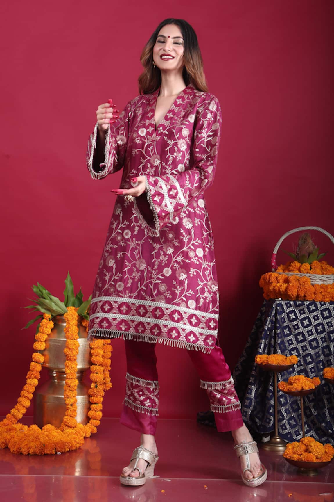 Monk & Mei By Sonia Anand Meena Woven Pakistani Kurta & Pant Set 
