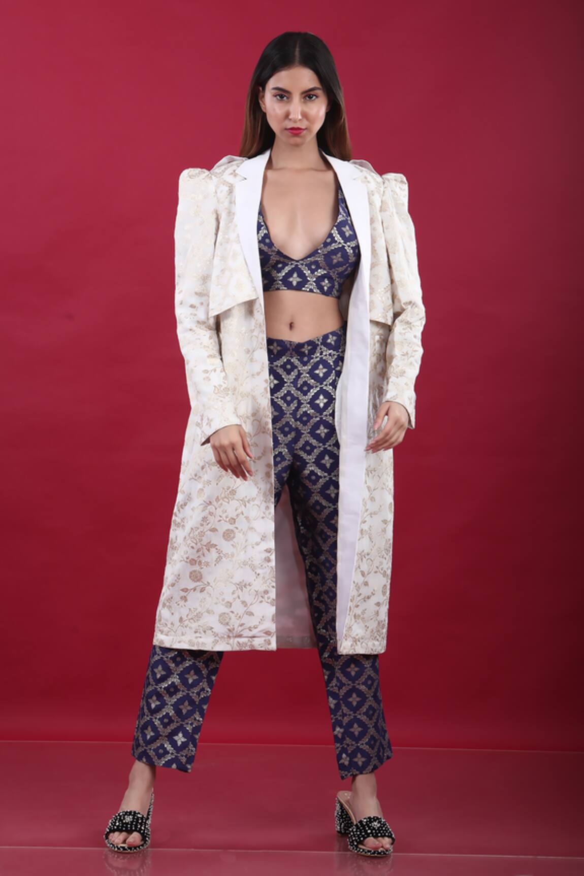Monk & Mei By Sonia Anand Floral Pattern Trench Coat & Pant Set 