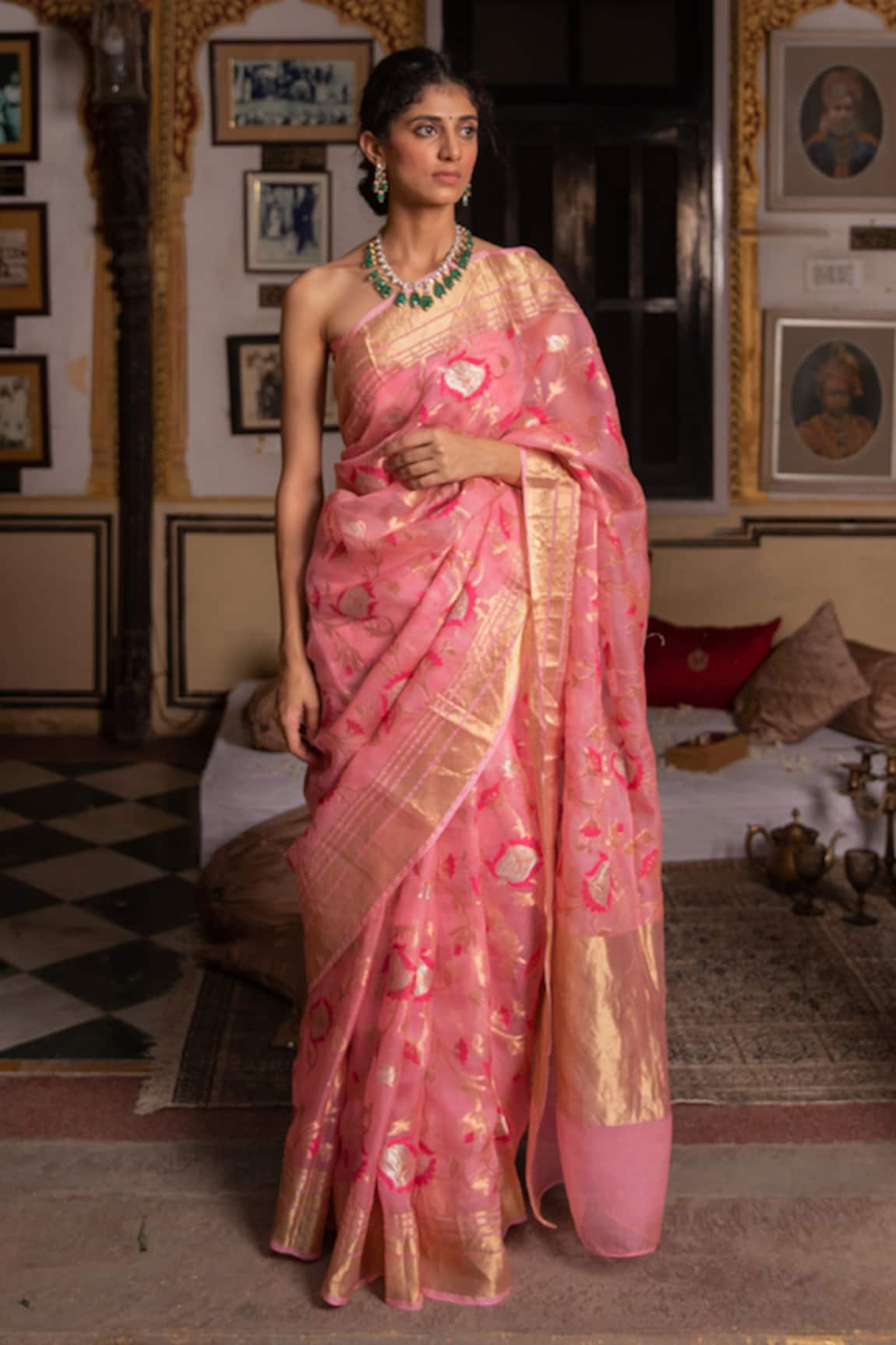 Geroo Jaipur Floral Zari Woven Saree With Unstitched Blouse Fabric