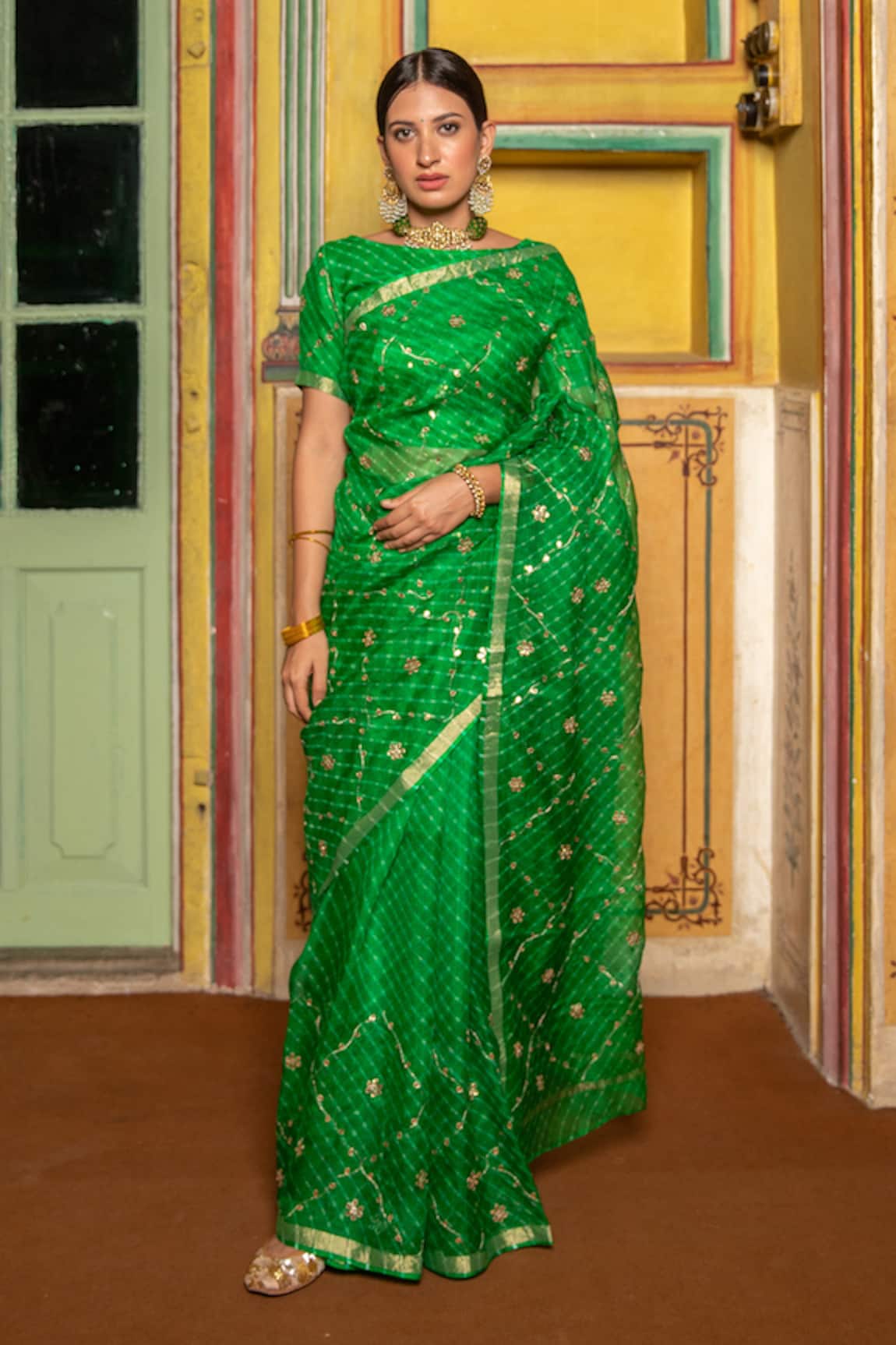 Geroo Jaipur Gota Embroidered Saree With Unstitched Blouse Fabric