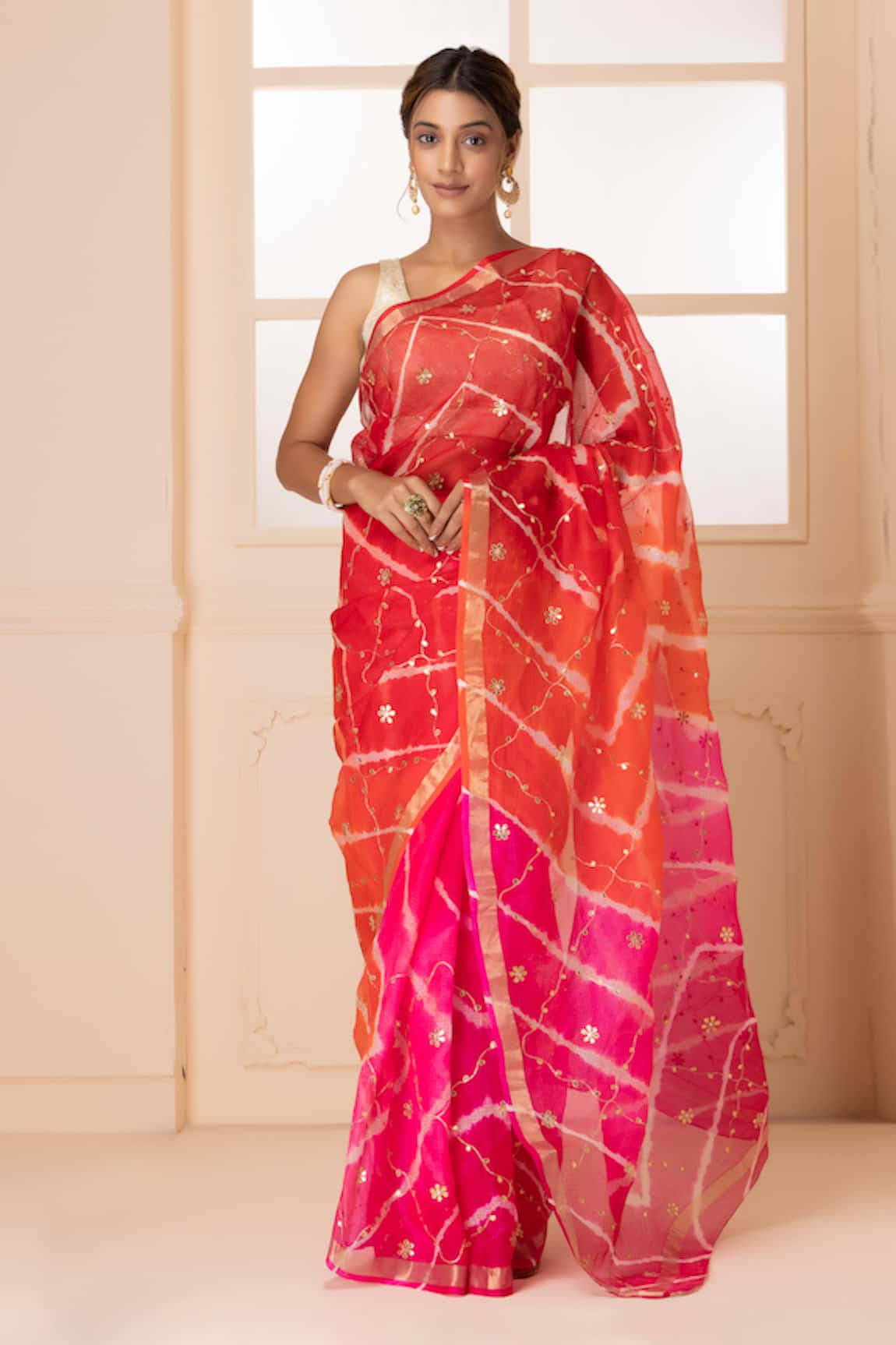 Geroo Jaipur Floral Gota Work Saree With Unstitched Blouse Fabric