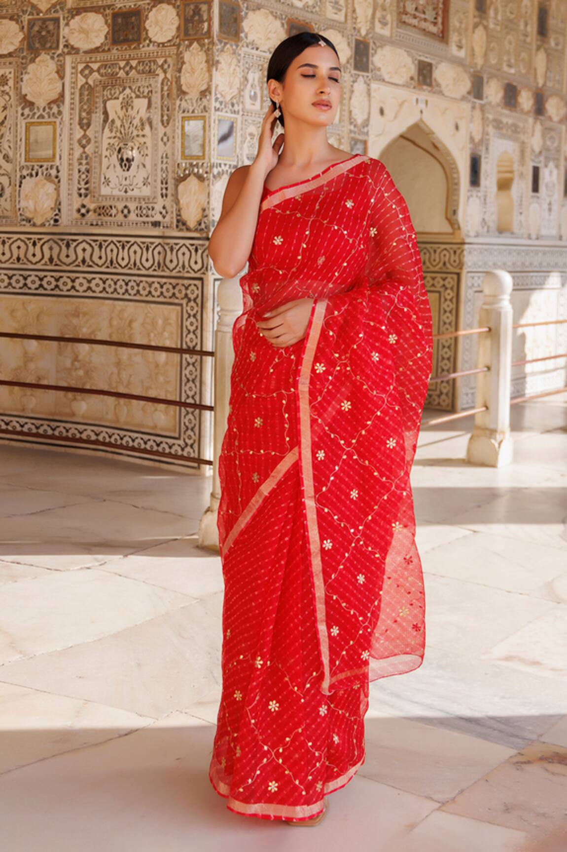 Geroo Jaipur Jaal Gota Work Saree With Unstitched Blouse Fabric