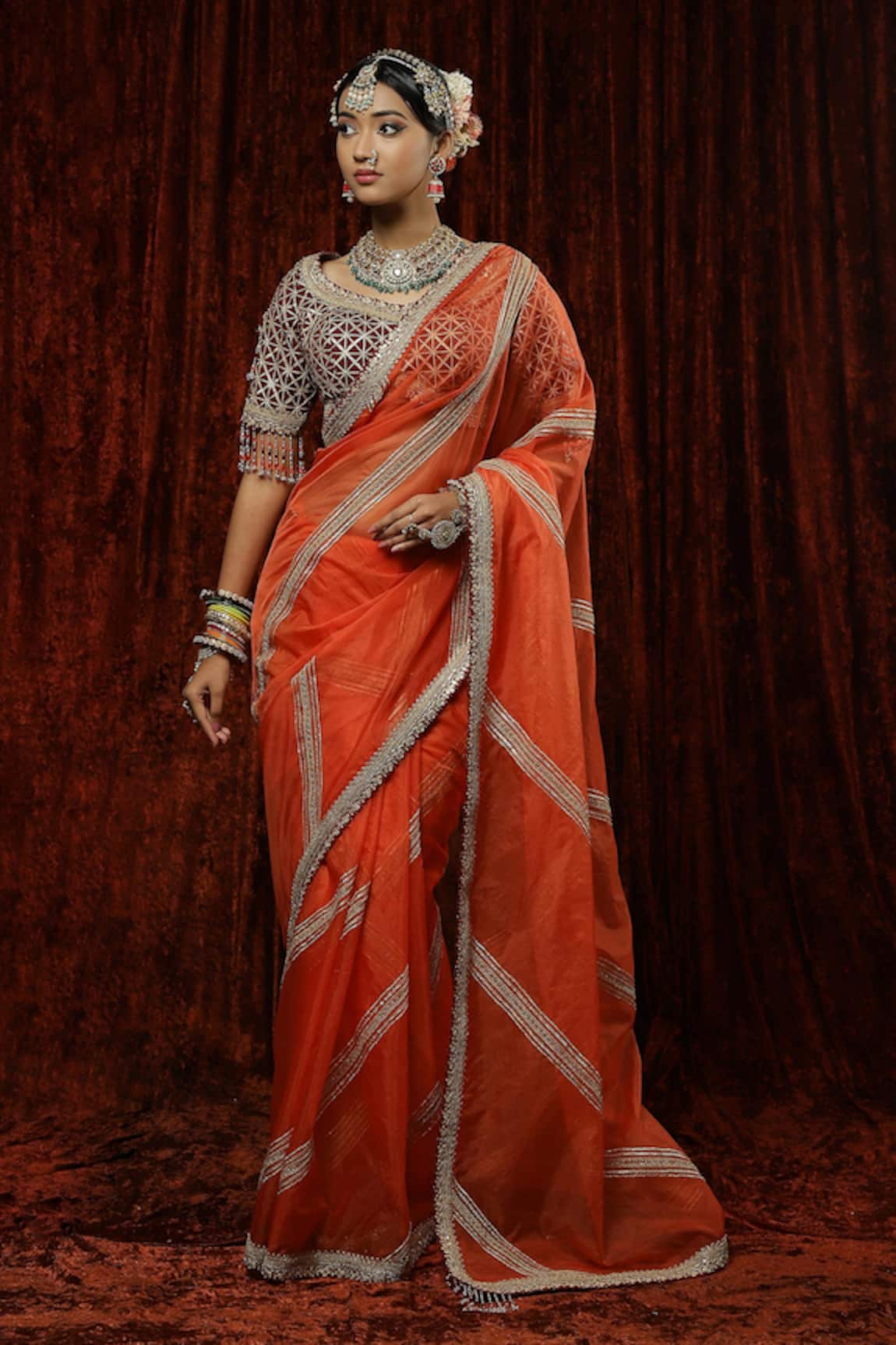 SHIKHAR SHARMA Stripe Embroidered Saree With Silk Chanderi Blouse