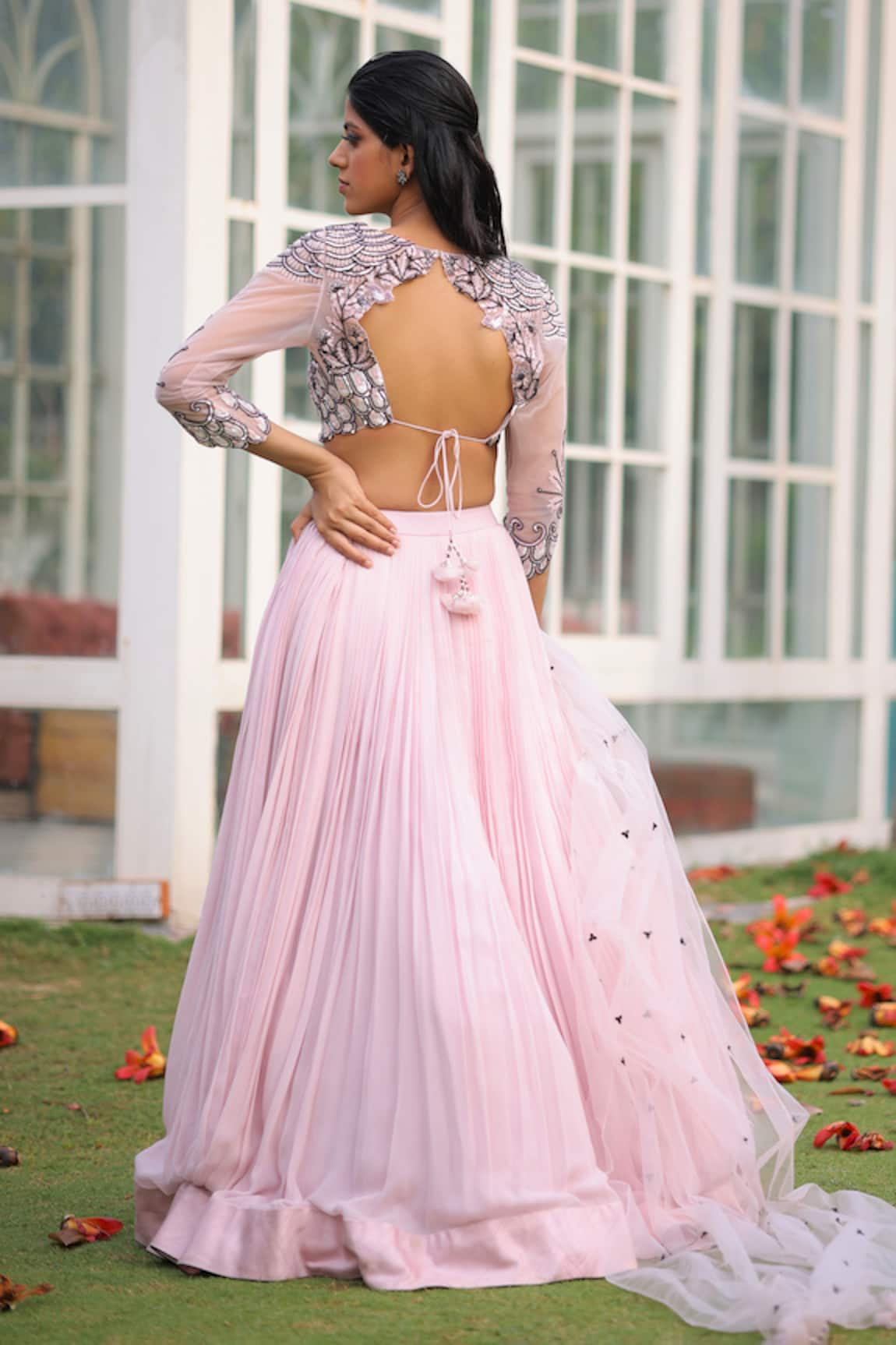 FLOWER APPLIQUÉ BLOUSE WITH BOX PLEATED LEHENGA – Studio East6