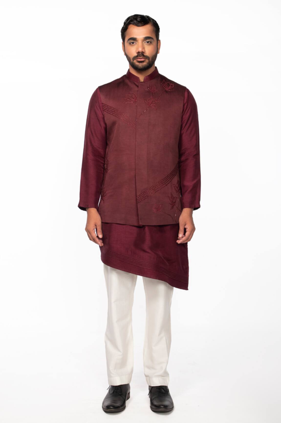 Kaka Calcutta Lotus Embroidered Bundi & Kurta Set