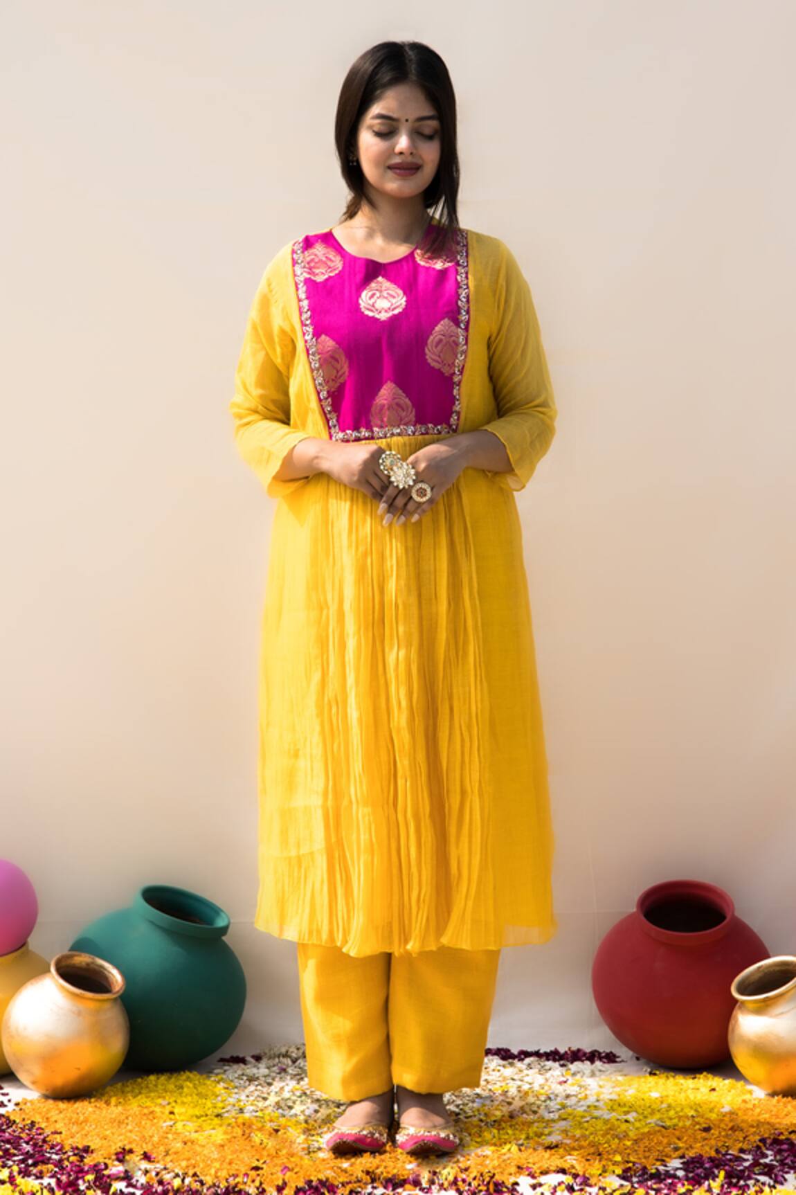 Mithi Supari Basanti Yoke Embroidered Tunic & Pant Set