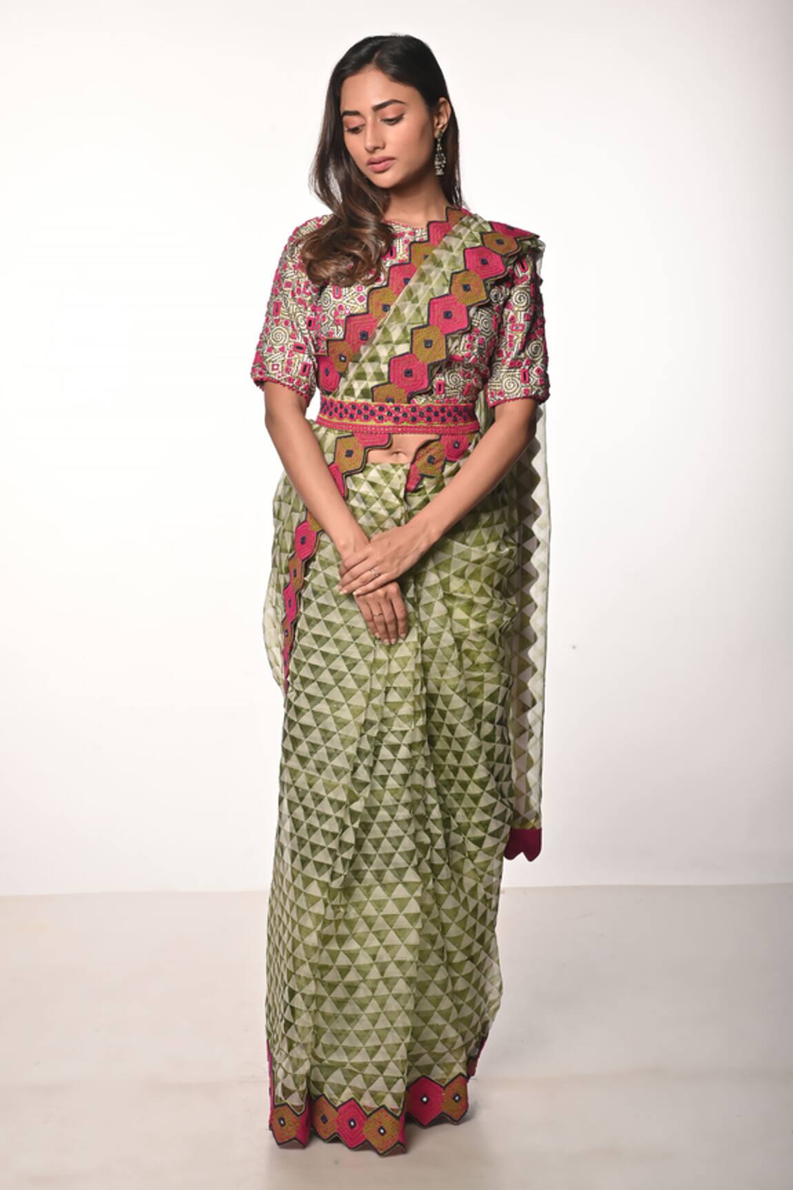 Soumodeep Dutta Printed & Hand Embroidered Saree With Blouse