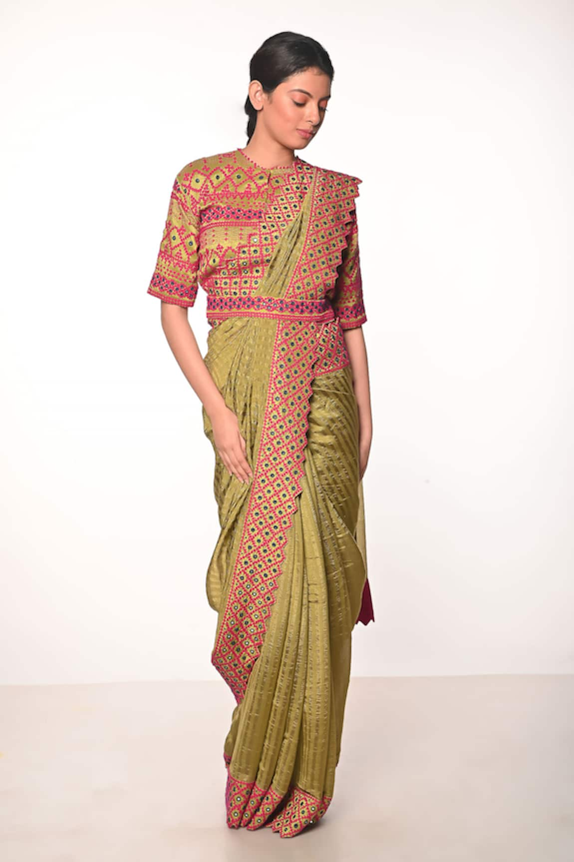 Soumodeep Dutta Printed & Embroidered Saree With Blouse