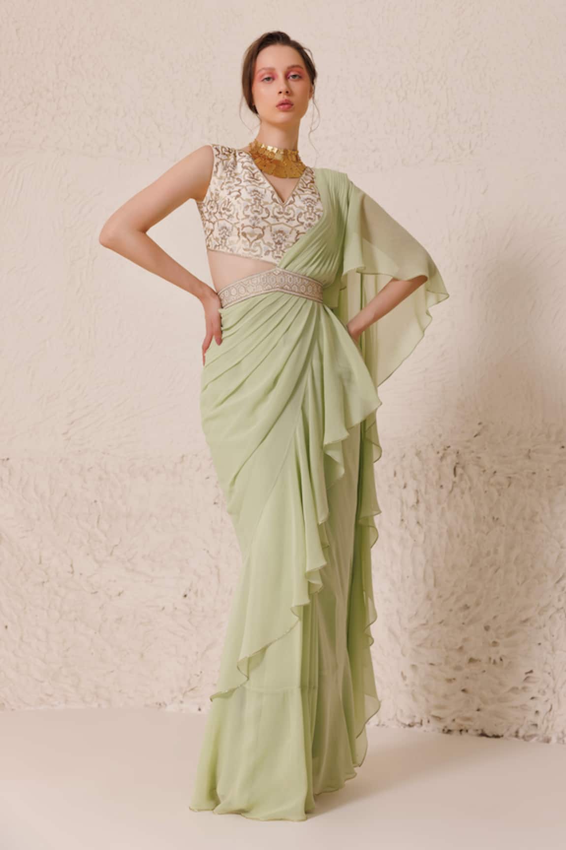 Chhaya Mehrotra Pre-Draped Ruffle Trim Saree With Embellished Blouse