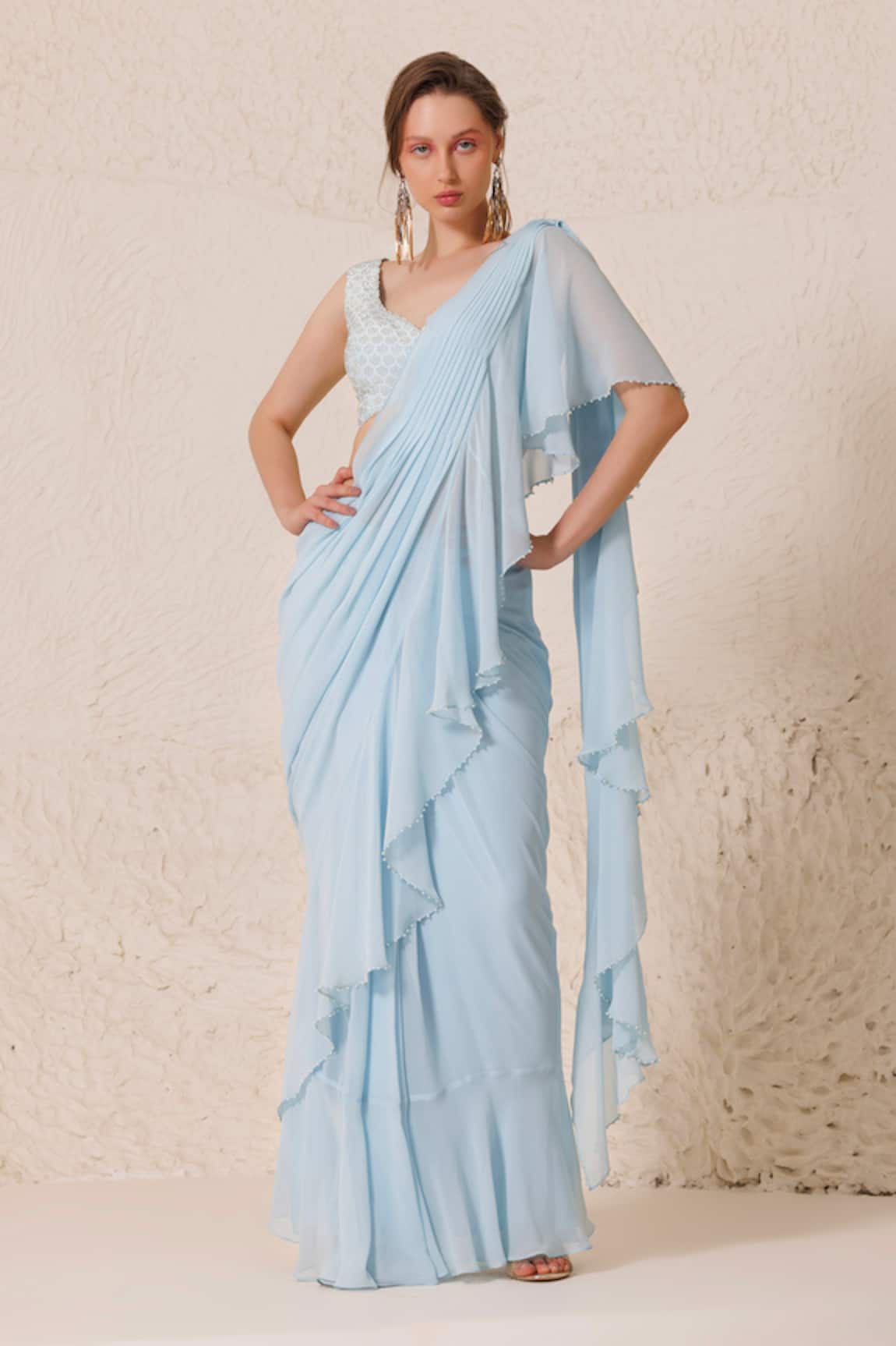 Chhaya Mehrotra Pre-Draped Saree With Sleeveless Embellished Blouse