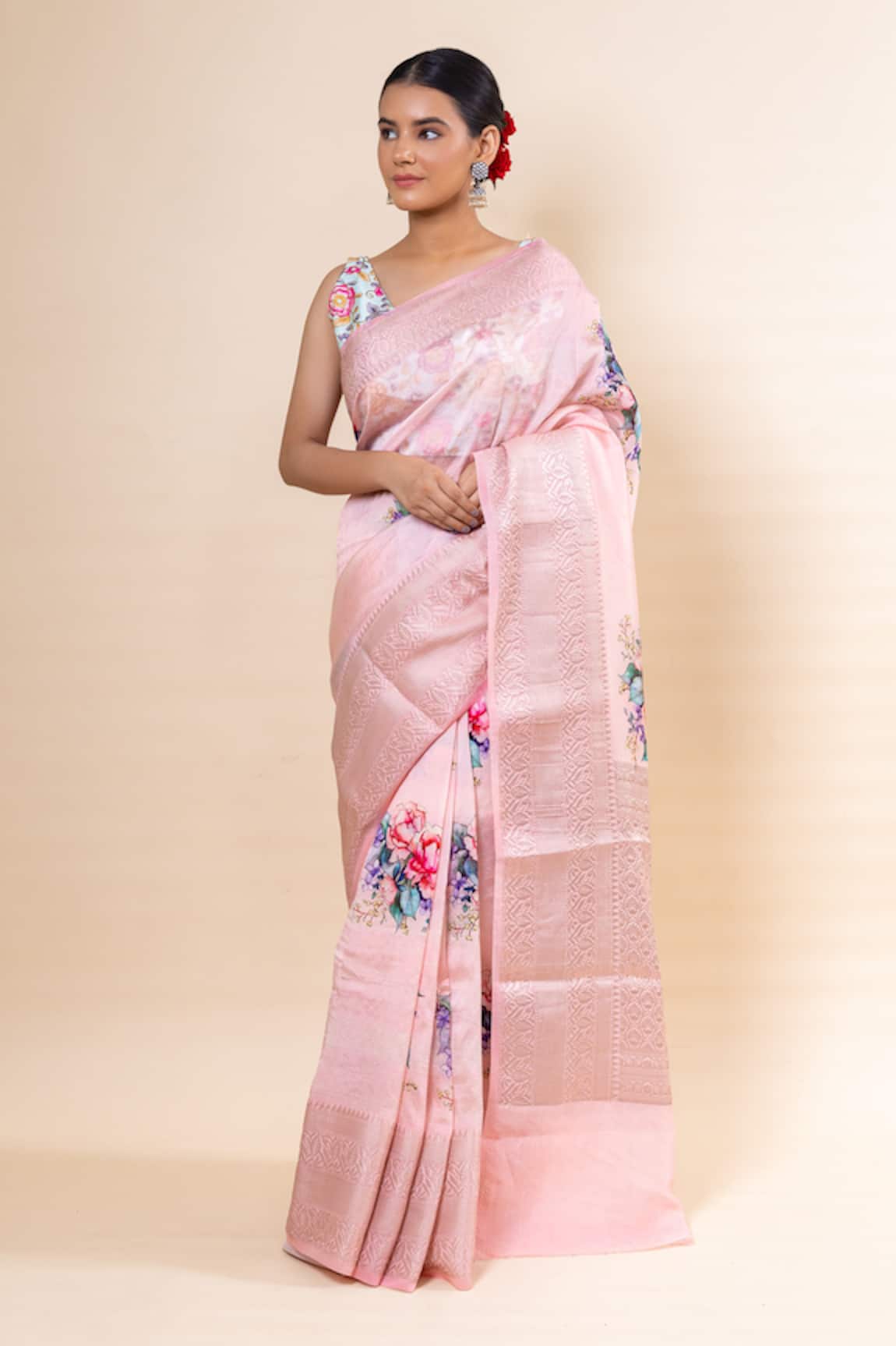 TaBa Kashi By Artika Shah Floral Bloom Print Saree With Unstitched Blouse Fabric