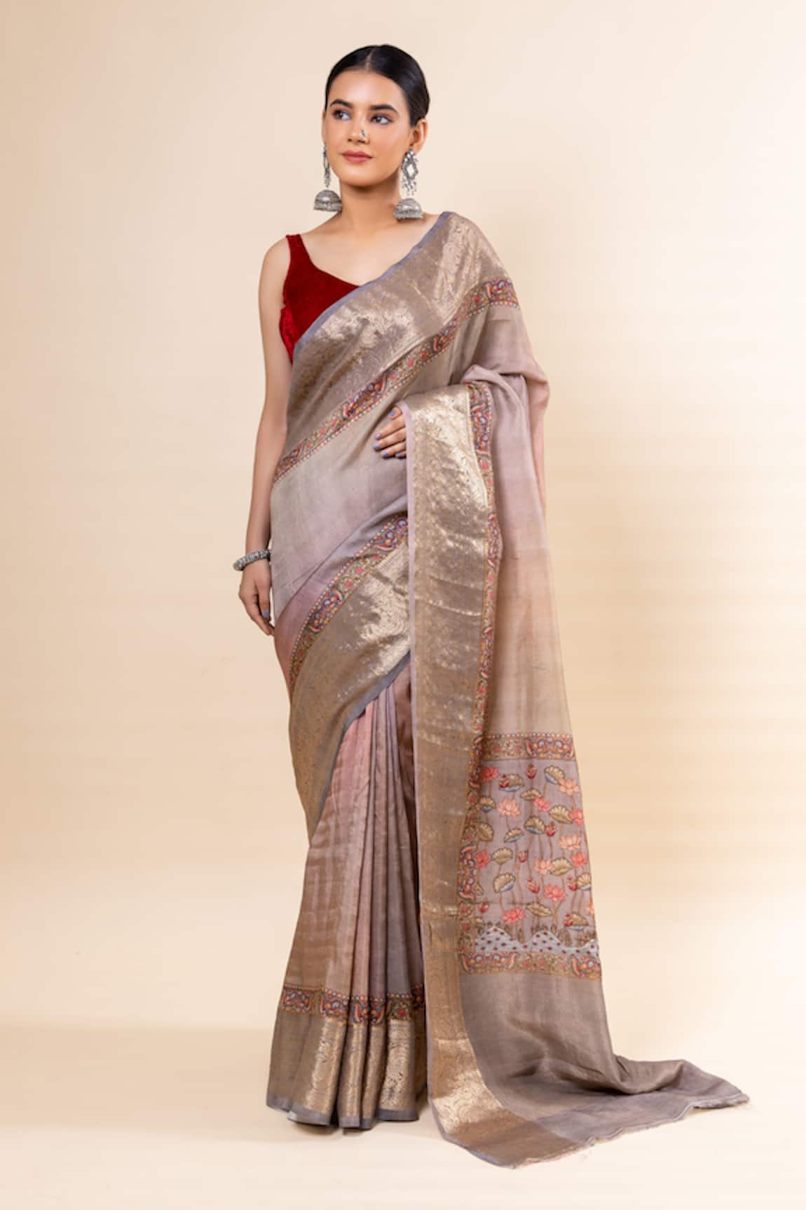 TaBa Kashi By Artika Shah Placement Floral Bloom Print Saree With Unstitched Blouse Fabric