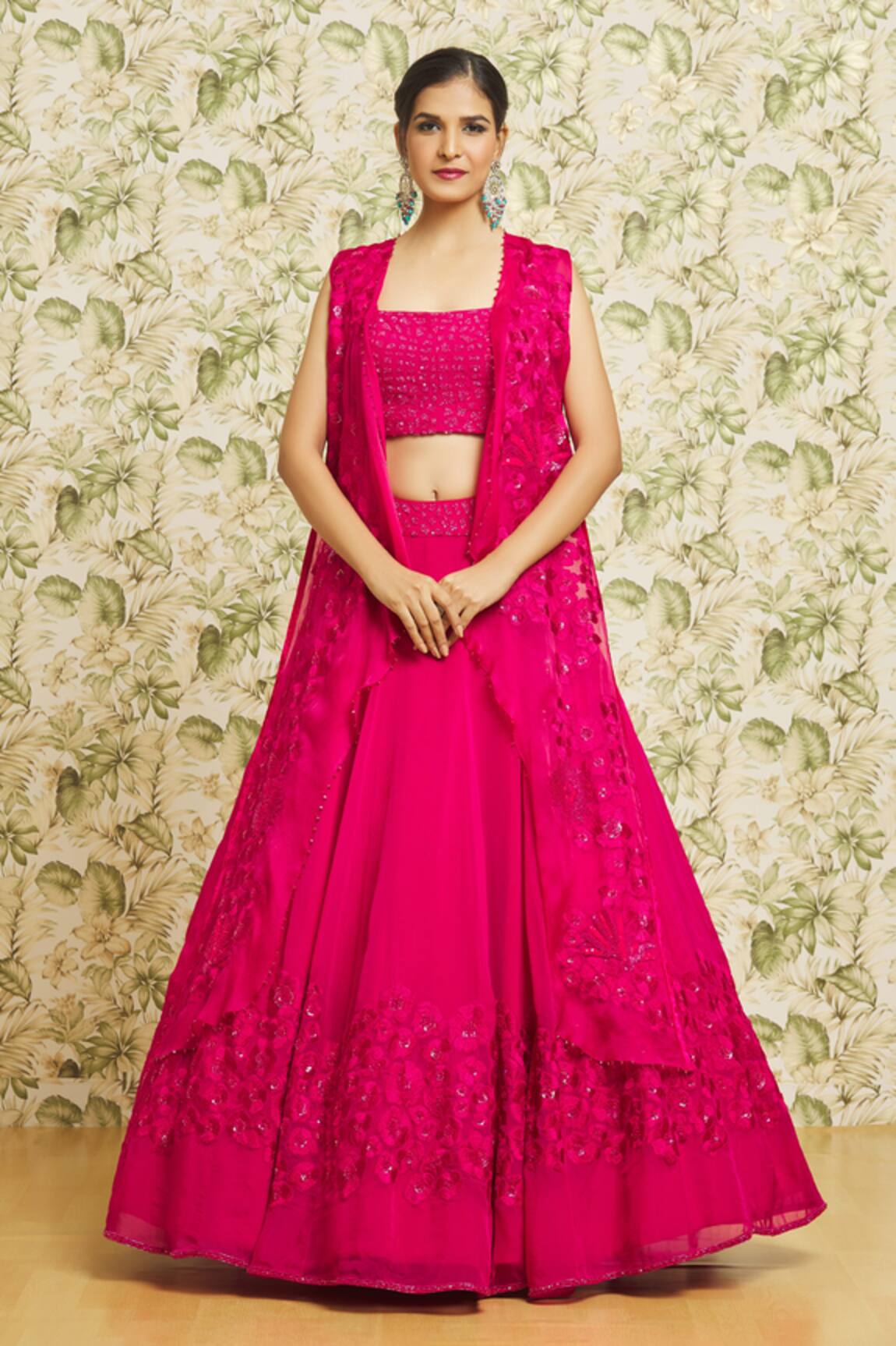 Mishru Flower Border Embroidered Cape Lehenga Set