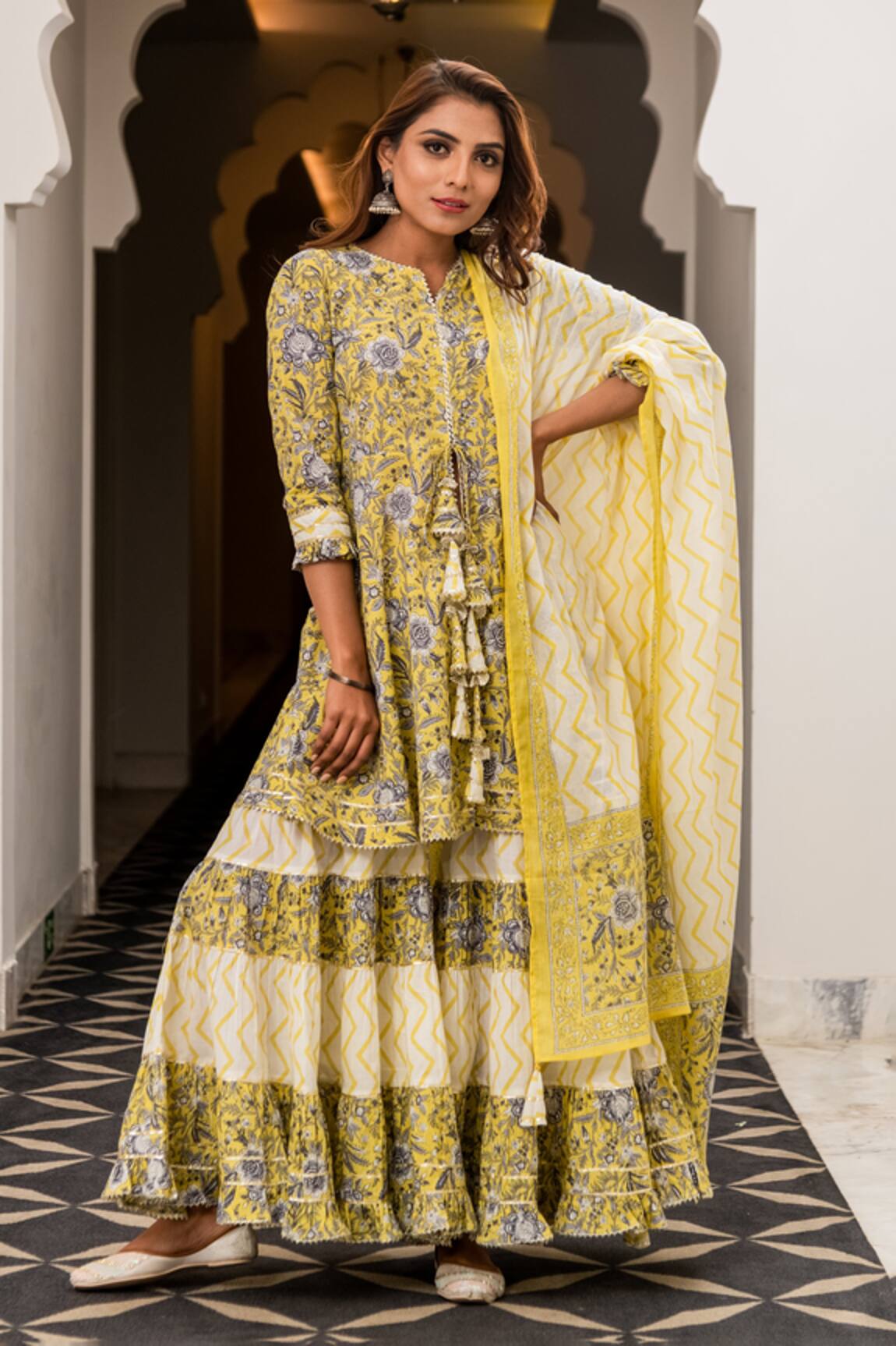 Kohsh Front Slit Floral Print Kurta Sharara Set
