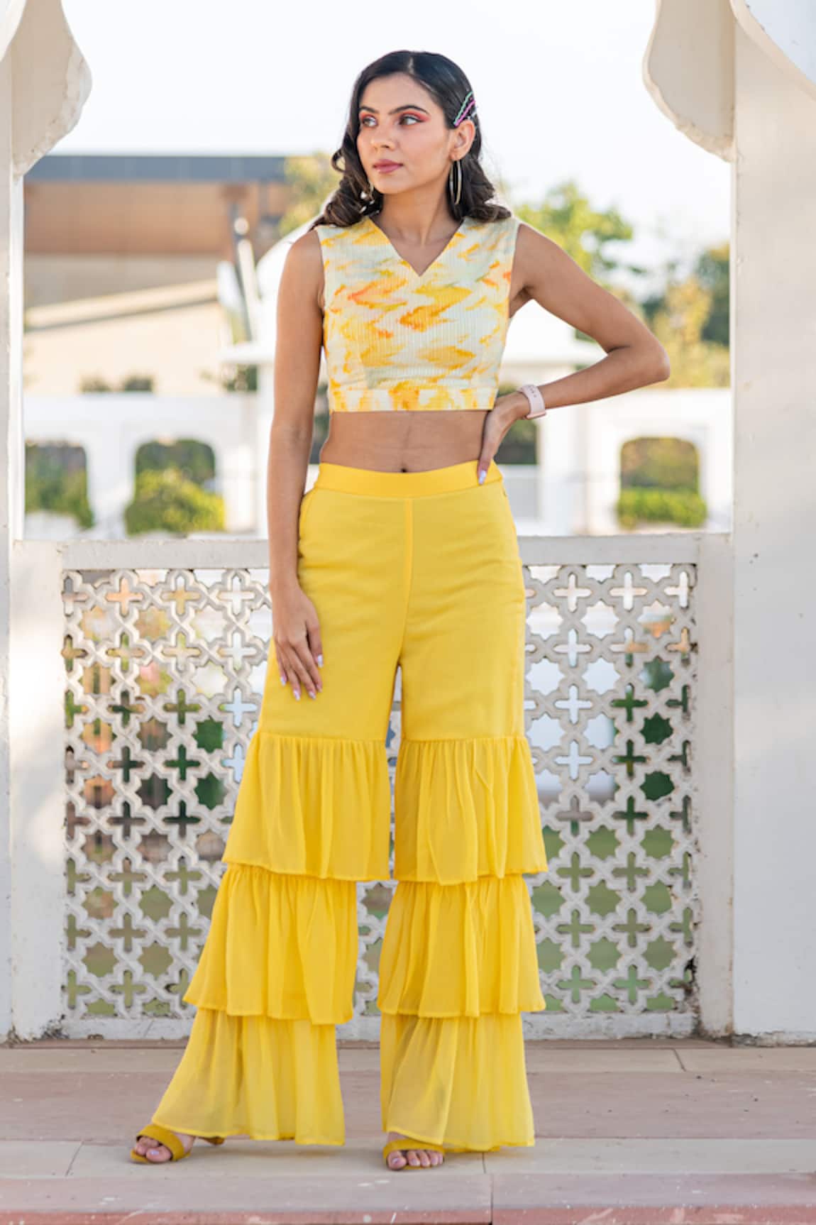 Kohsh Abstract Pattern Crop Top With Tiered Sharara