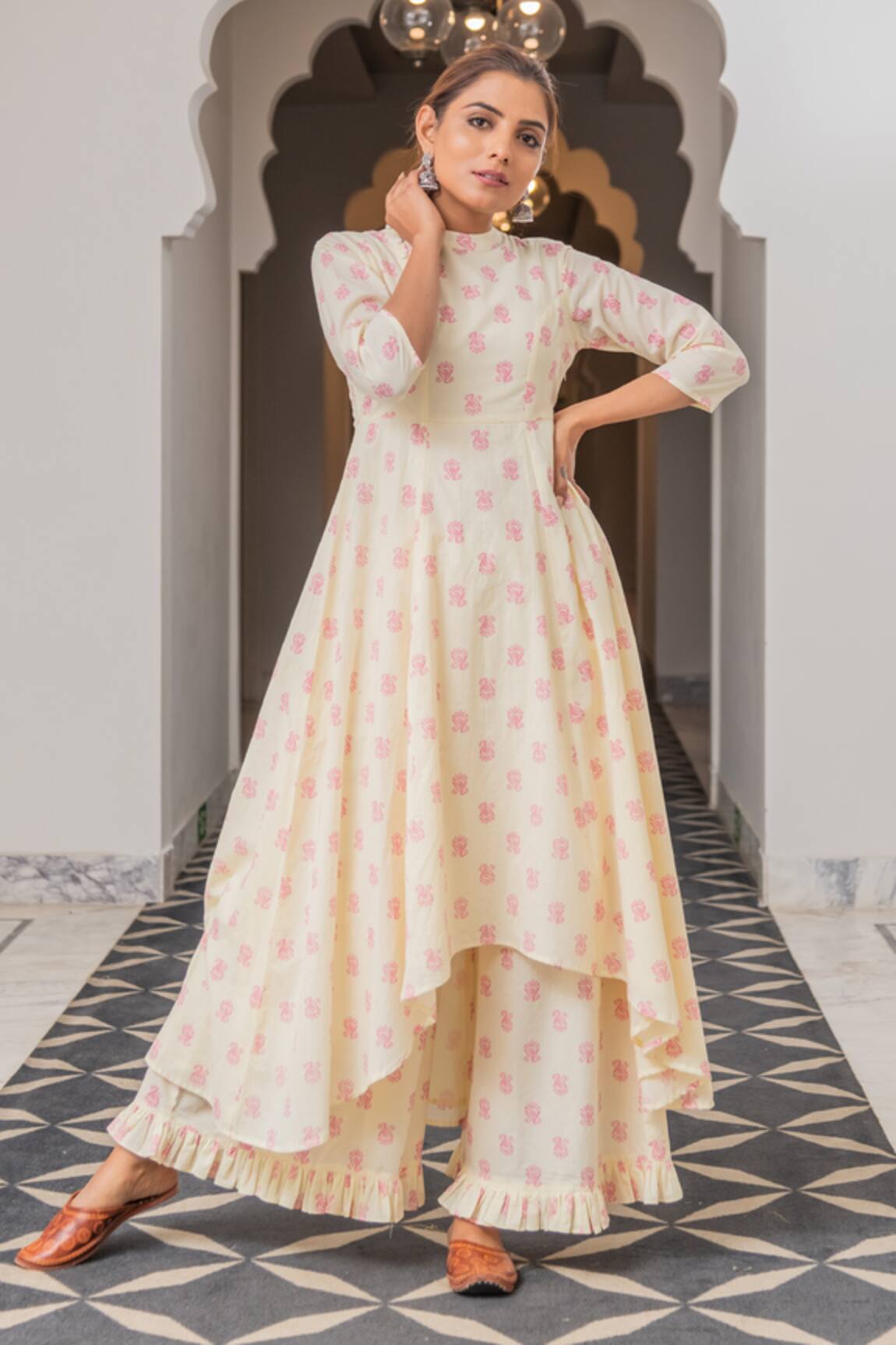 Kohsh Block Print Asymmetric Anarkali With Palazzo
