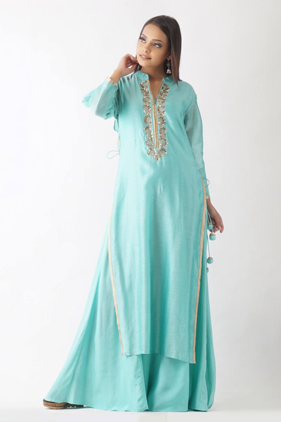 OMI Chanderi Sequin Embroidered Yoke Layered Kurta 